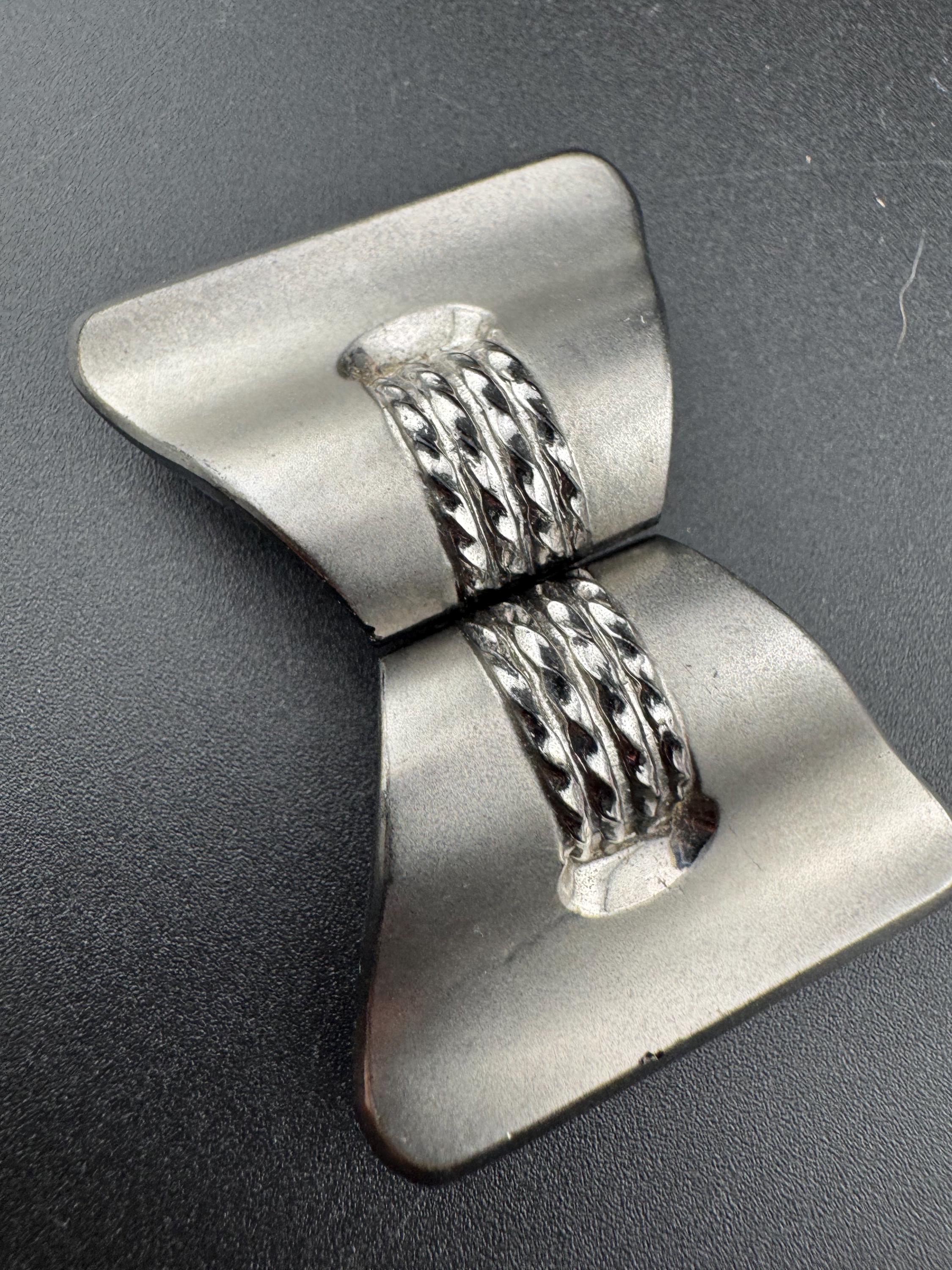 Antique 2 part Czech silver and steely grey glass stylish pressed bow belt buckle , haberdashery sewing