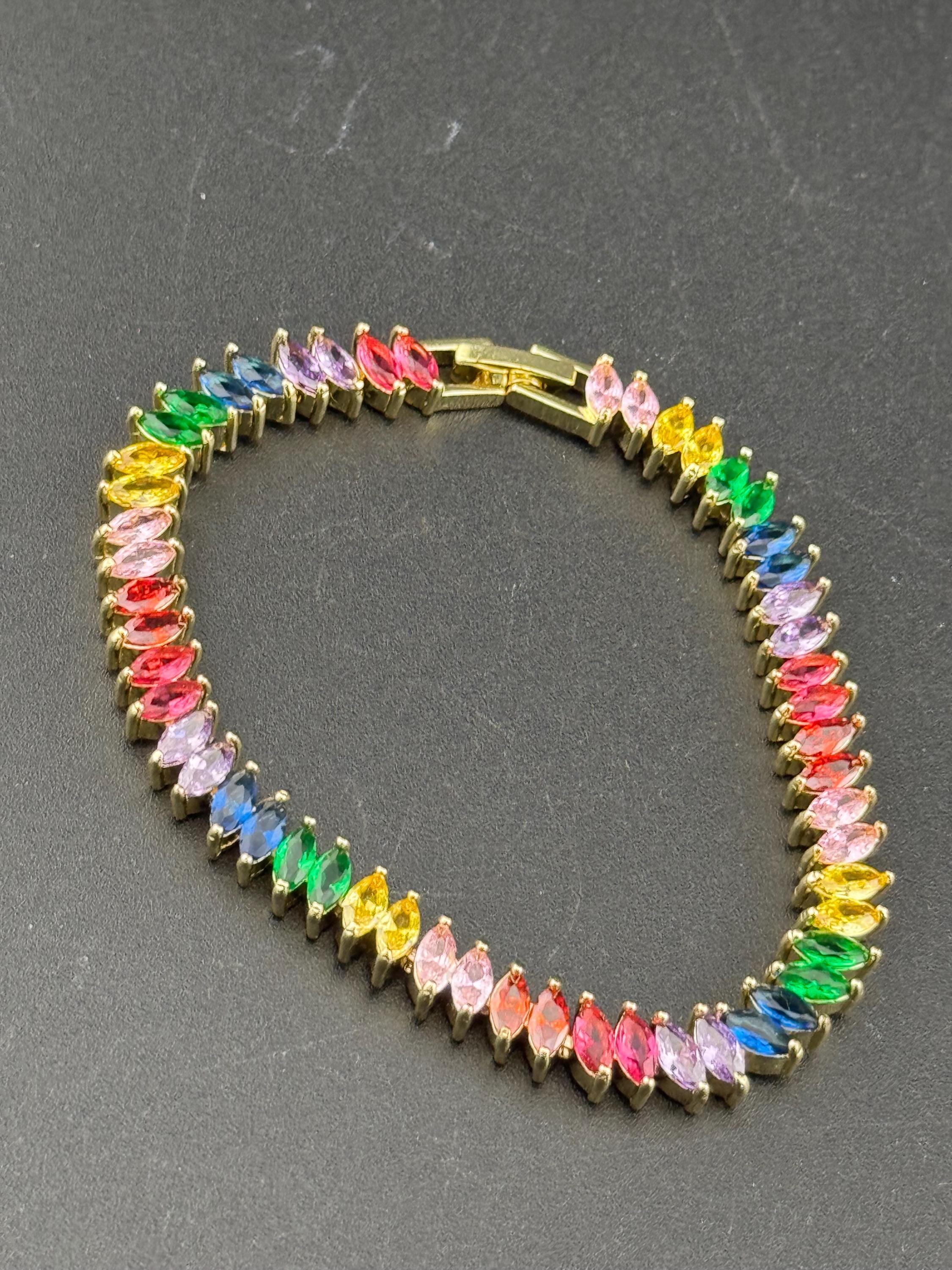 Retro rainbow diamanté Crystal bezel set gold plated tennis bracelet