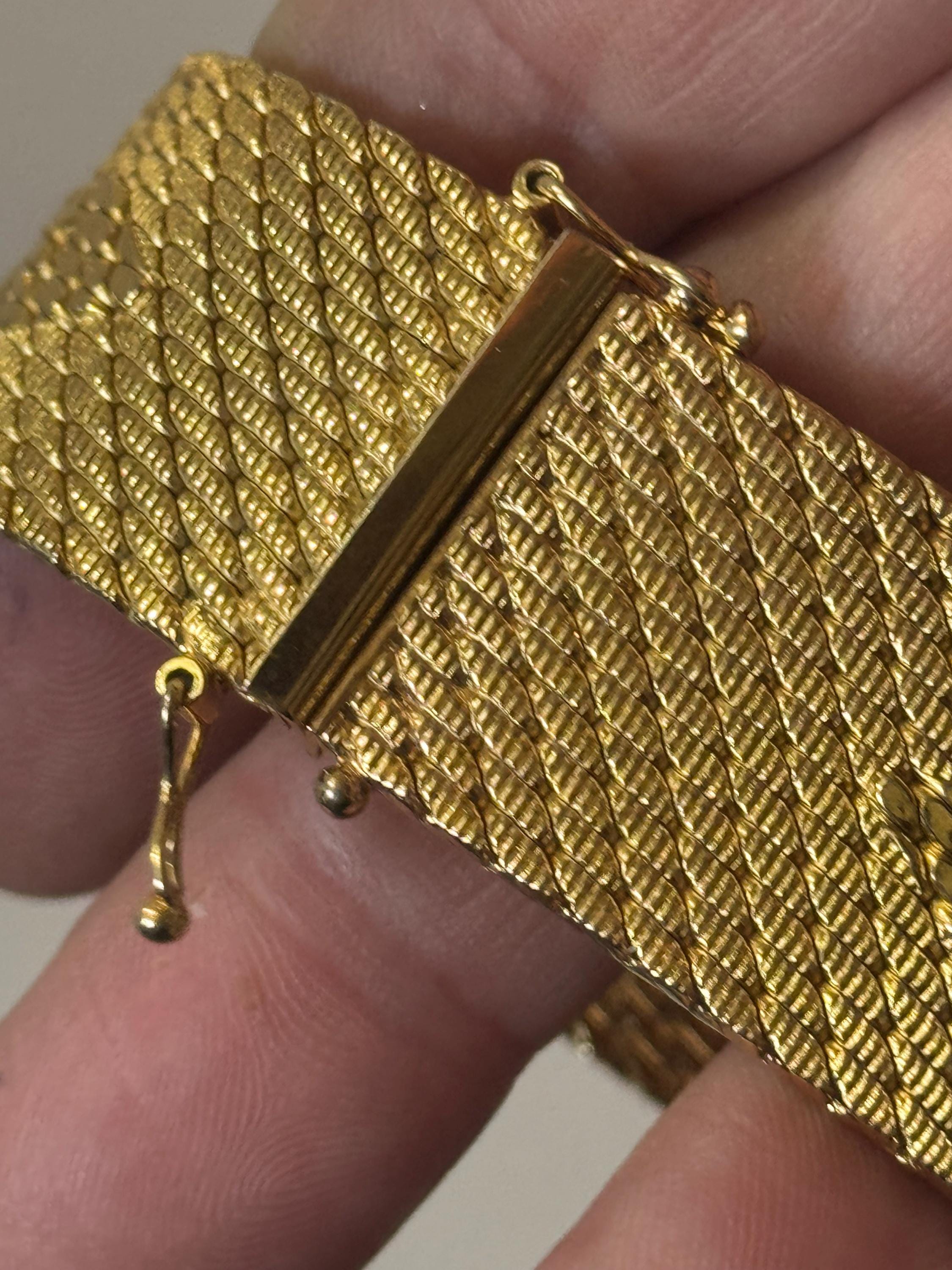 Signed CAL 1970s brutalist style gold plated woven gold tone flat weave cuff wrap bracelet 19cm x 21mm