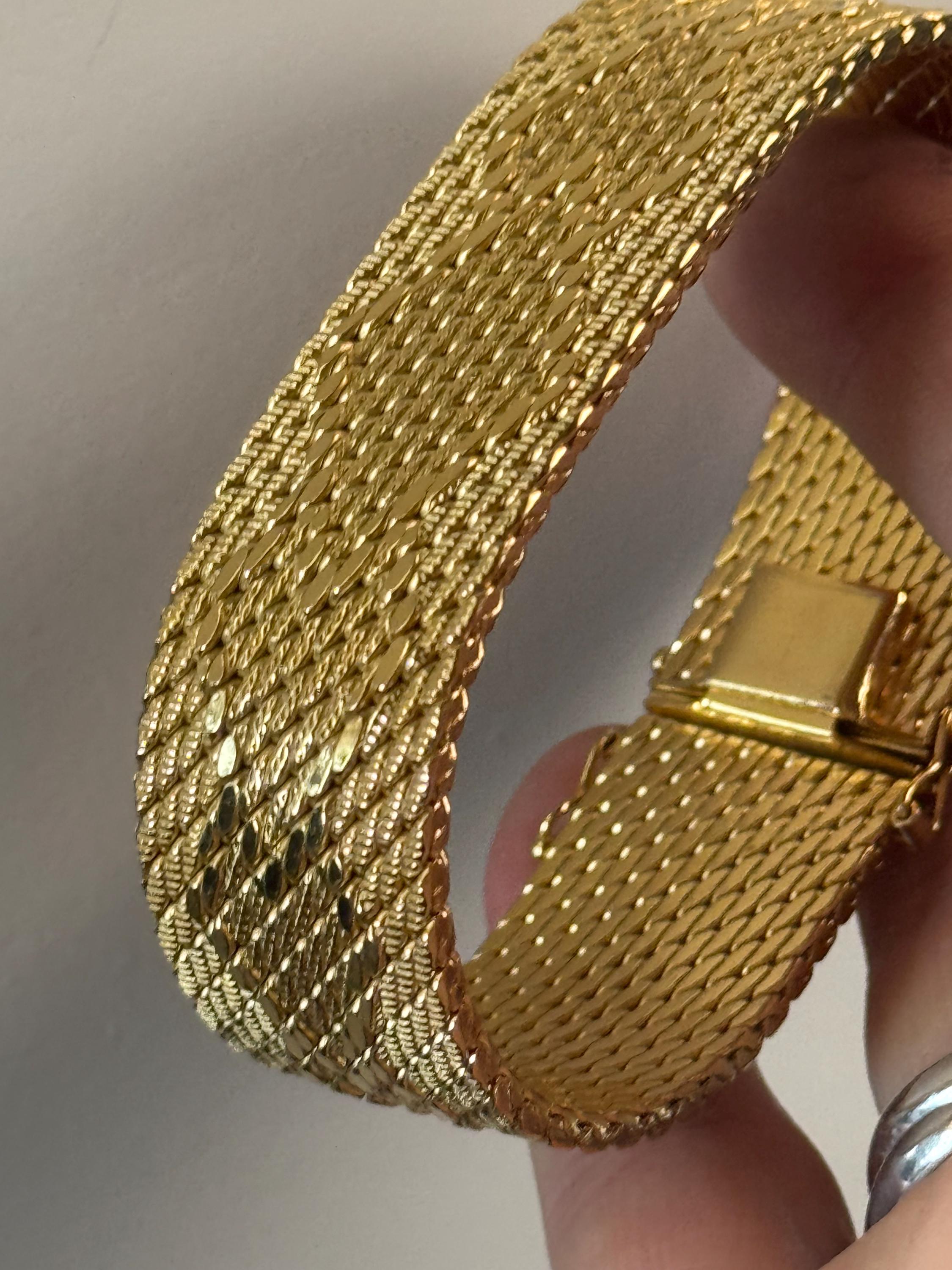 Signed CAL 1970s brutalist style gold plated woven gold tone flat weave cuff wrap bracelet 19cm x 21mm