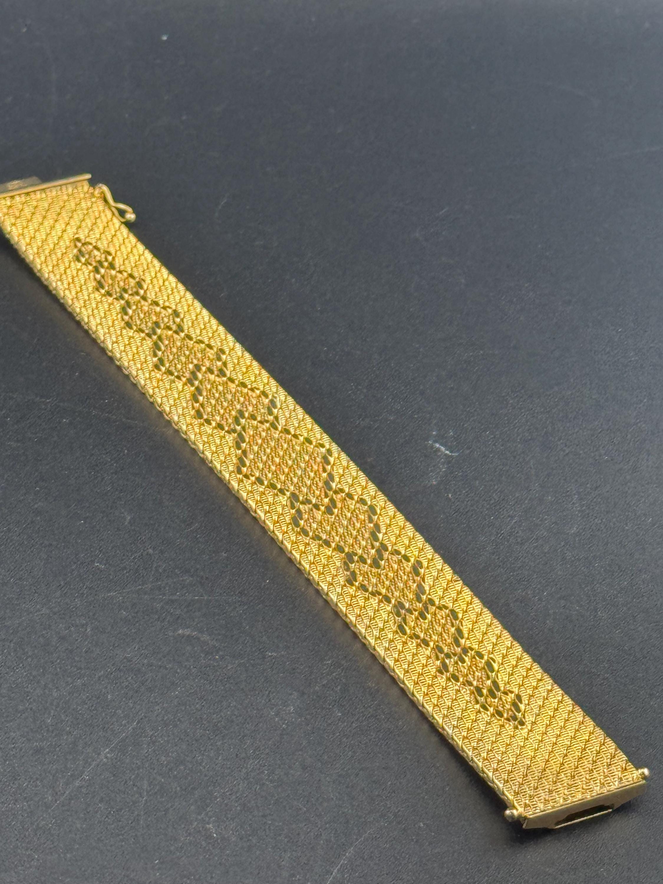 Signed CAL 1970s brutalist style gold plated woven gold tone flat weave cuff wrap bracelet 19cm x 21mm