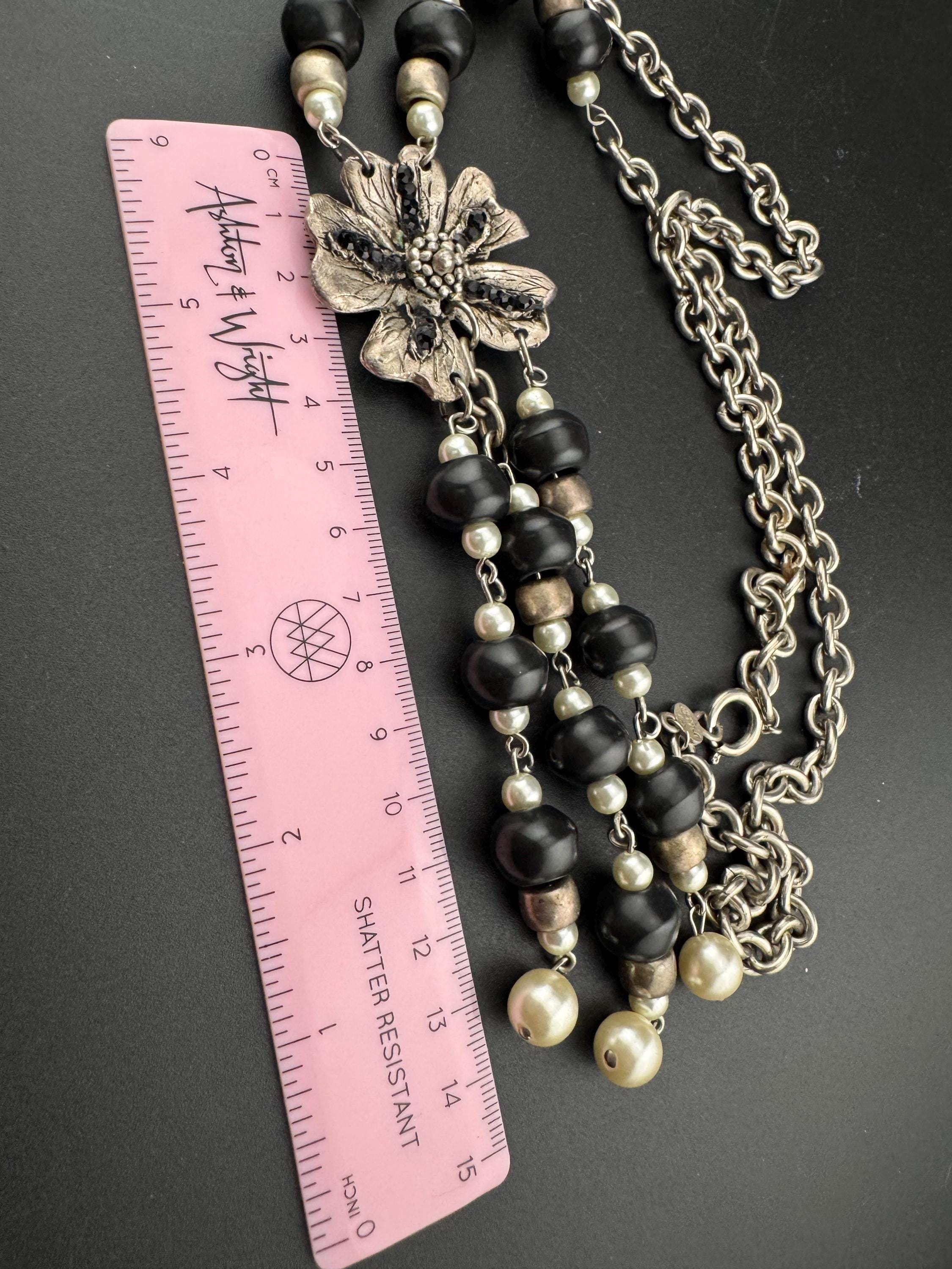 Vintage Paris Jacky de G designer silver metal black beaded floral long tassel pendant necklace