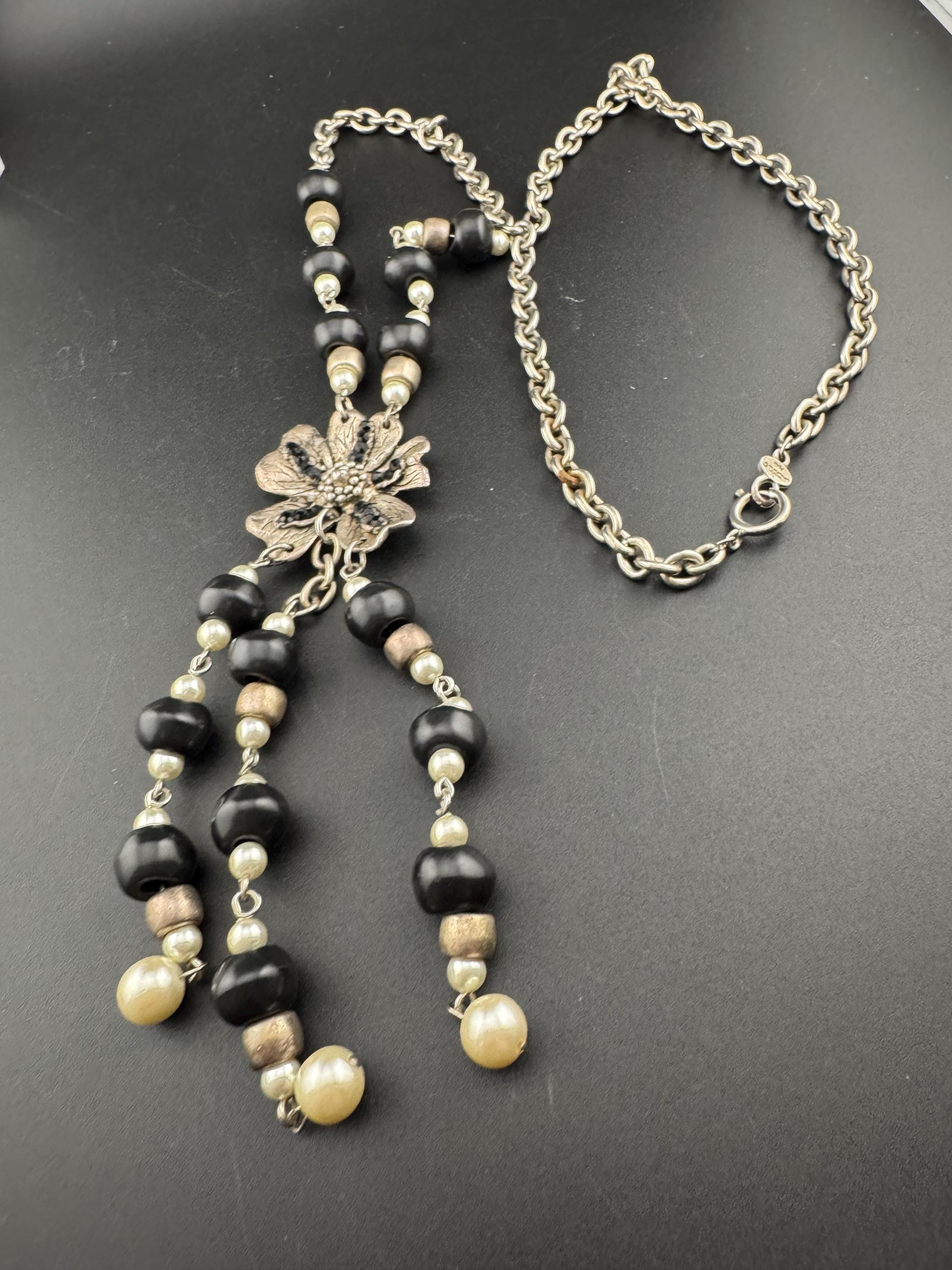 Vintage Paris Jacky de G designer silver metal black beaded floral long tassel pendant necklace