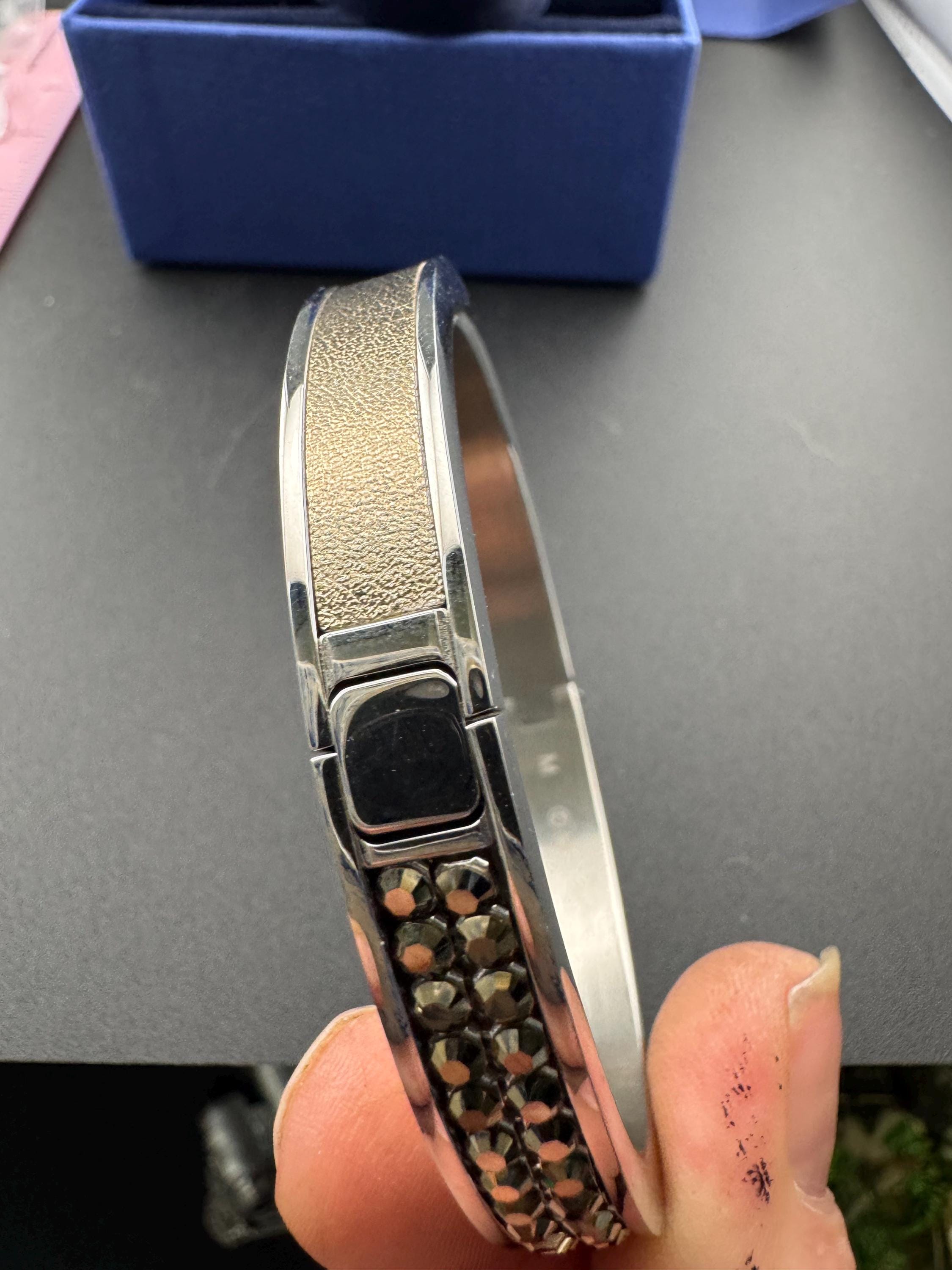 Size small petite wrist Retro signed swan marcasite style Swarovski crystal steel designer clamper bangle boxed as new