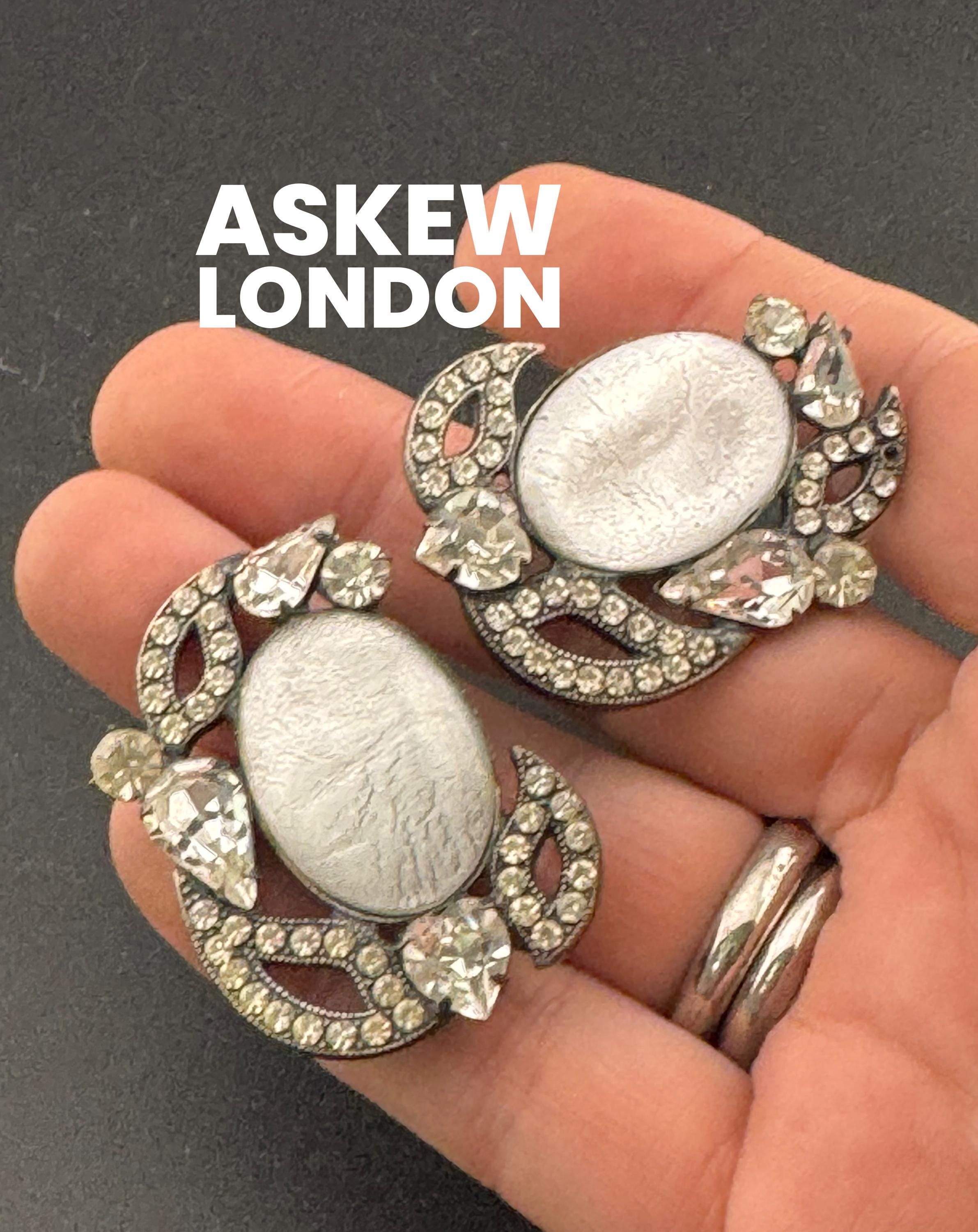 OVERSIZED Signed ASKEW Crystal steel grey silver tone oversized oval clip on earrings, designer studs