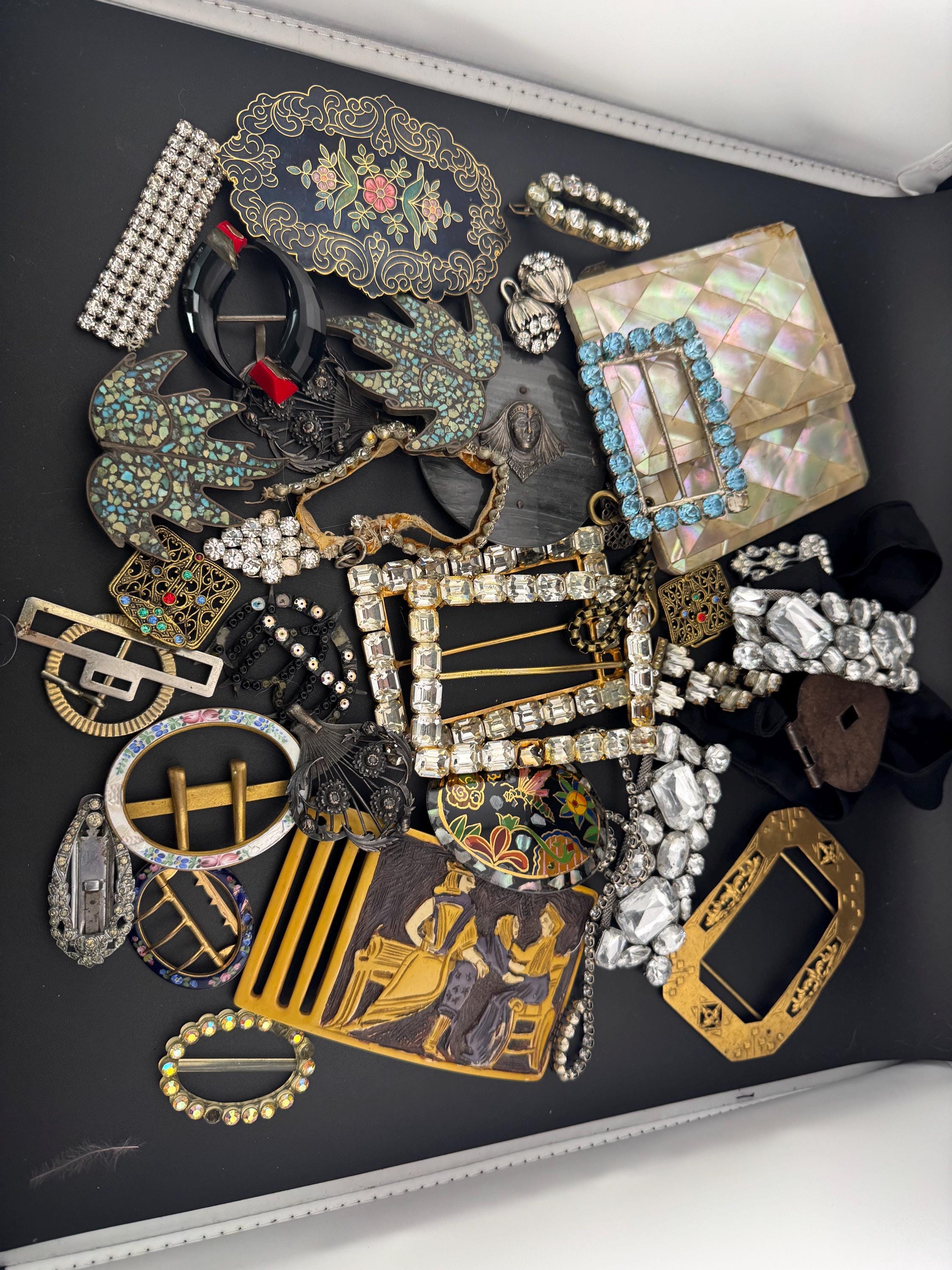 Job lot of antique vintage and retro metal diamanté buckles as shown ideal for repurposing steampunk harvest reworking Victorian art deco