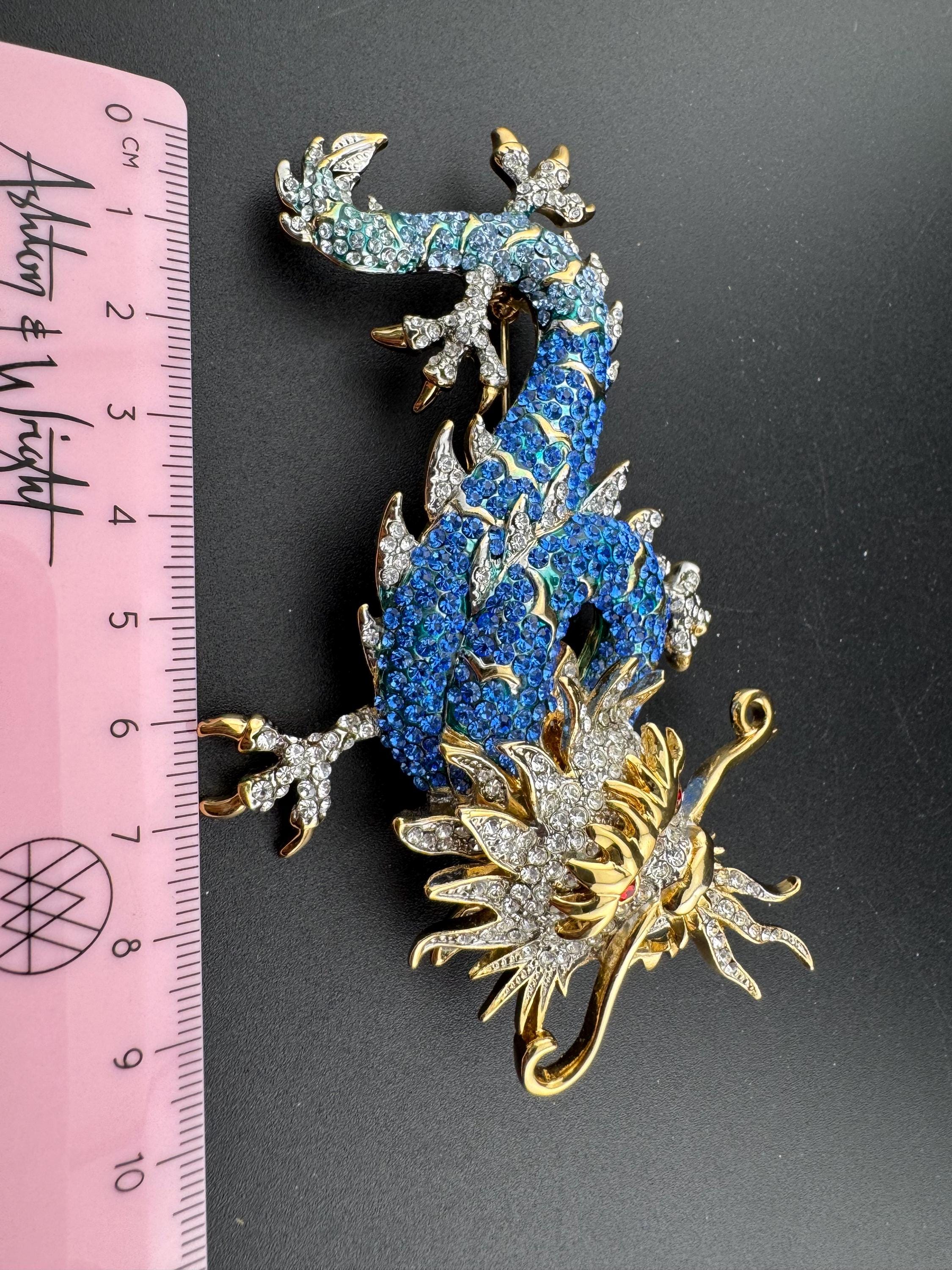 10cm Signed Butler and Wilson gold tone Blue Crystal enamel dragon brooch with clear diamanté. Heavy plating and beautiful quality