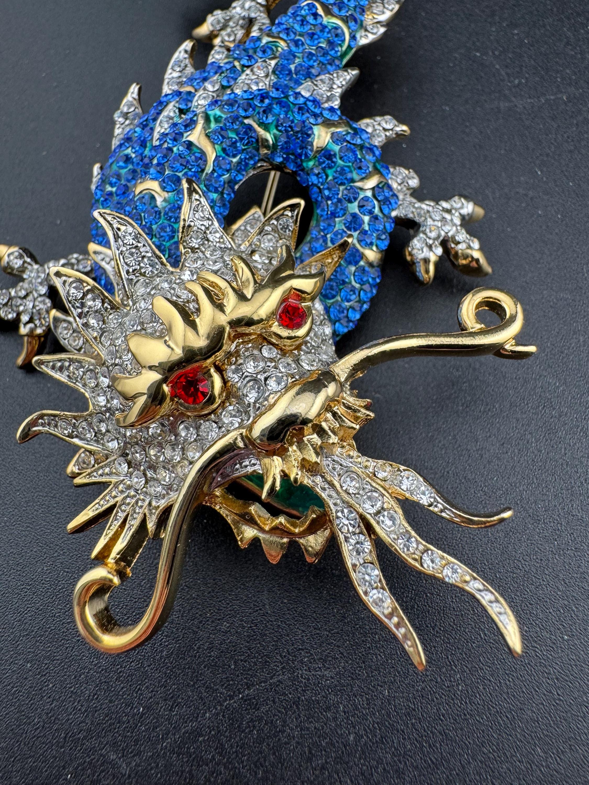 10cm Signed Butler and Wilson gold tone Blue Crystal enamel dragon brooch with clear diamanté. Heavy plating and beautiful quality
