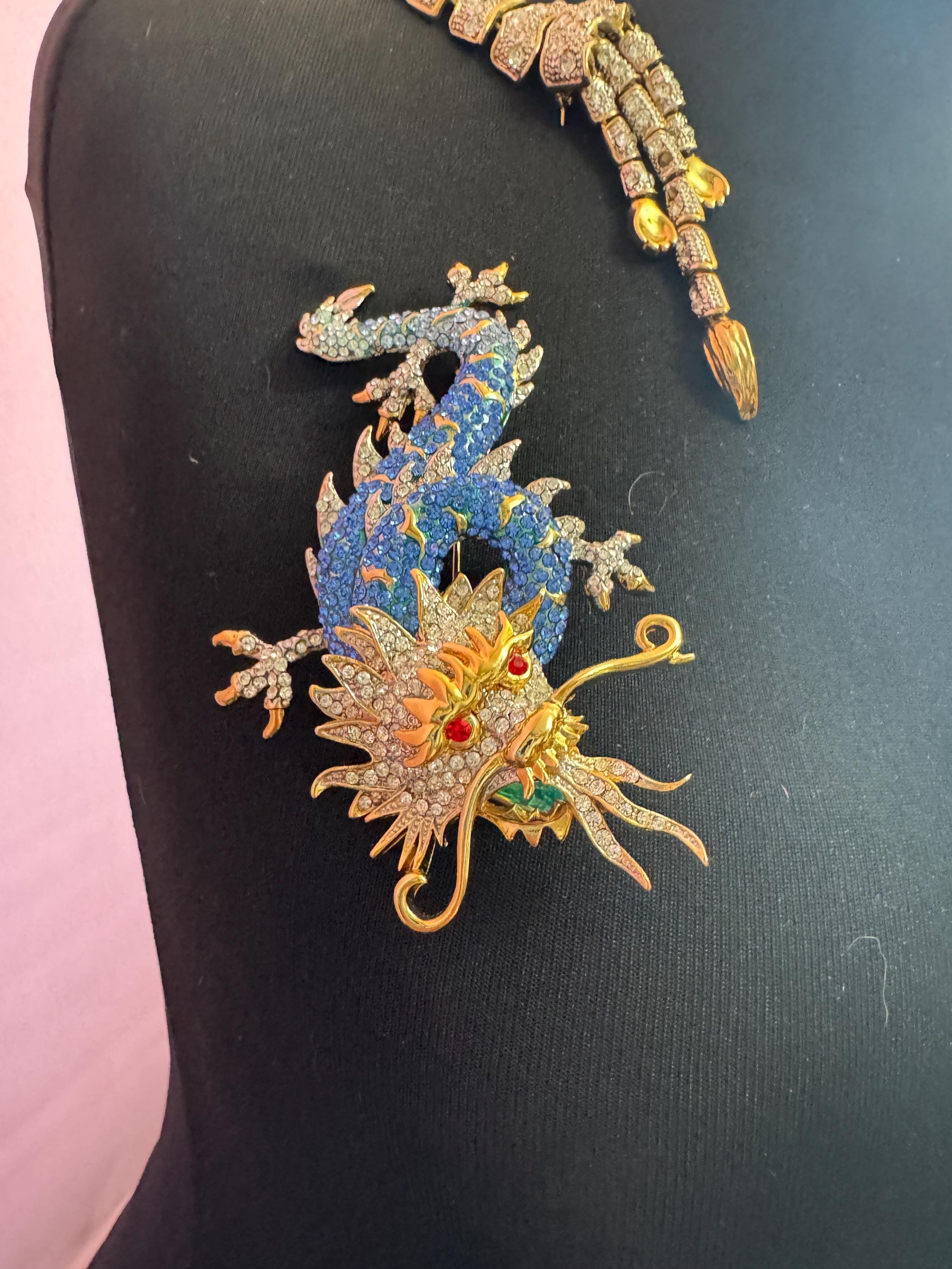 10cm Signed Butler and Wilson gold tone Blue Crystal enamel dragon brooch with clear diamanté. Heavy plating and beautiful quality