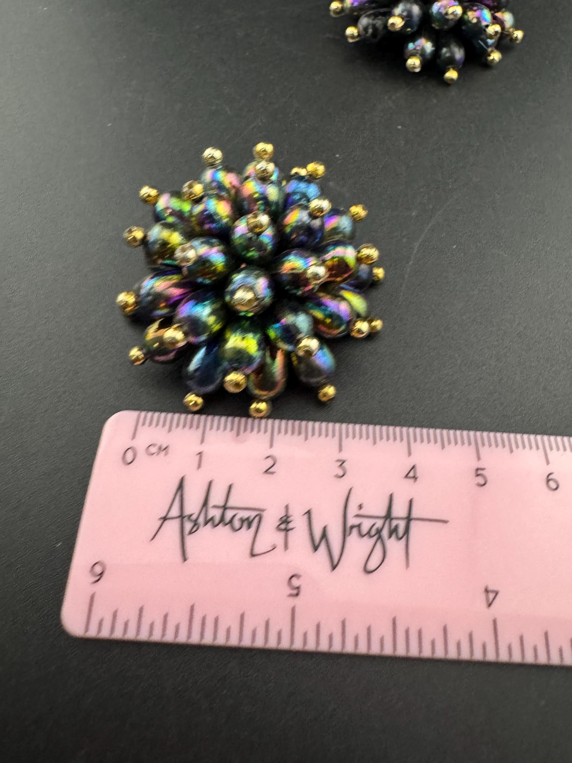 Oversized green pink purple plastic beaded Cluster Clip On Earrings, vintage