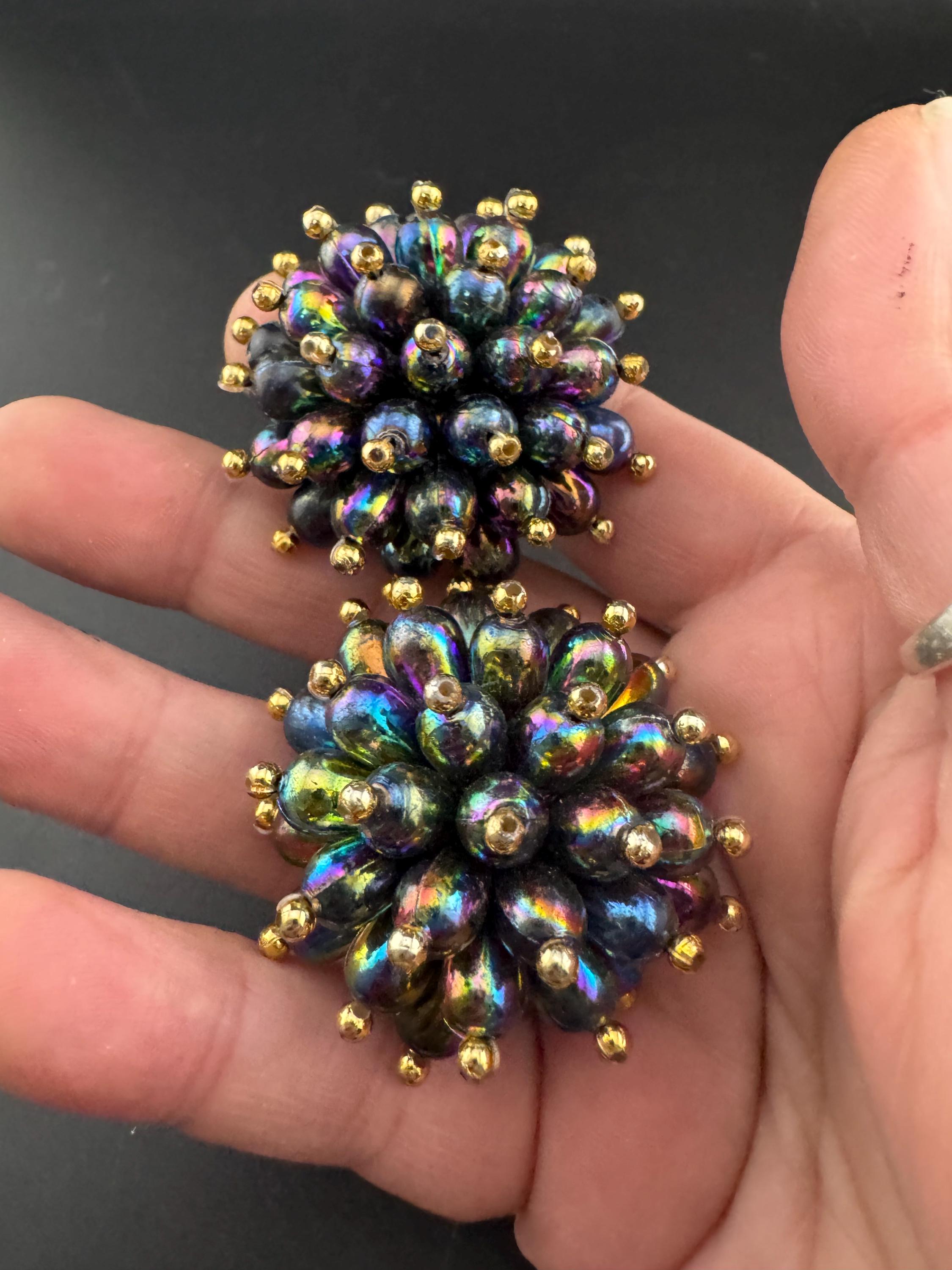 Oversized green pink purple plastic beaded Cluster Clip On Earrings, vintage