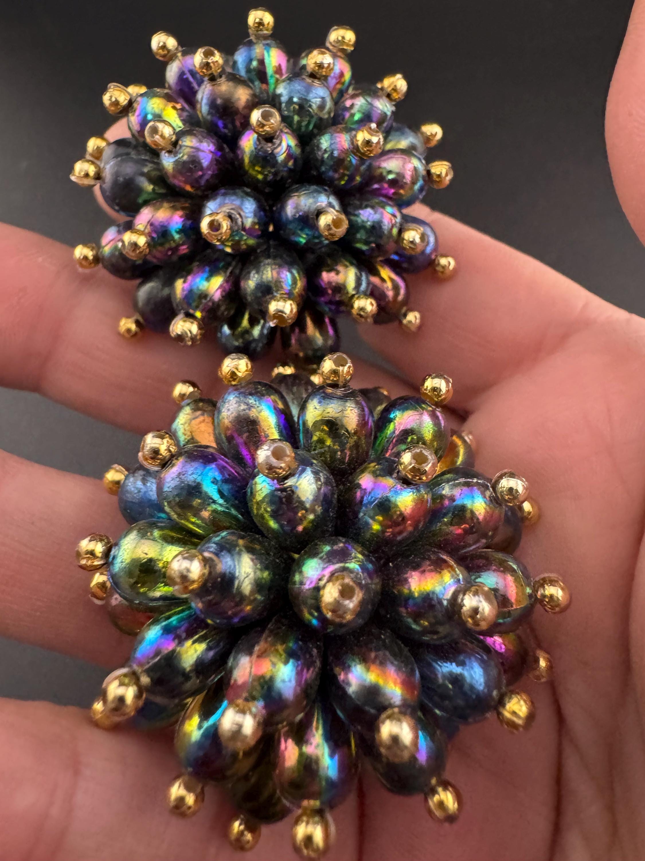 Oversized green pink purple plastic beaded Cluster Clip On Earrings, vintage