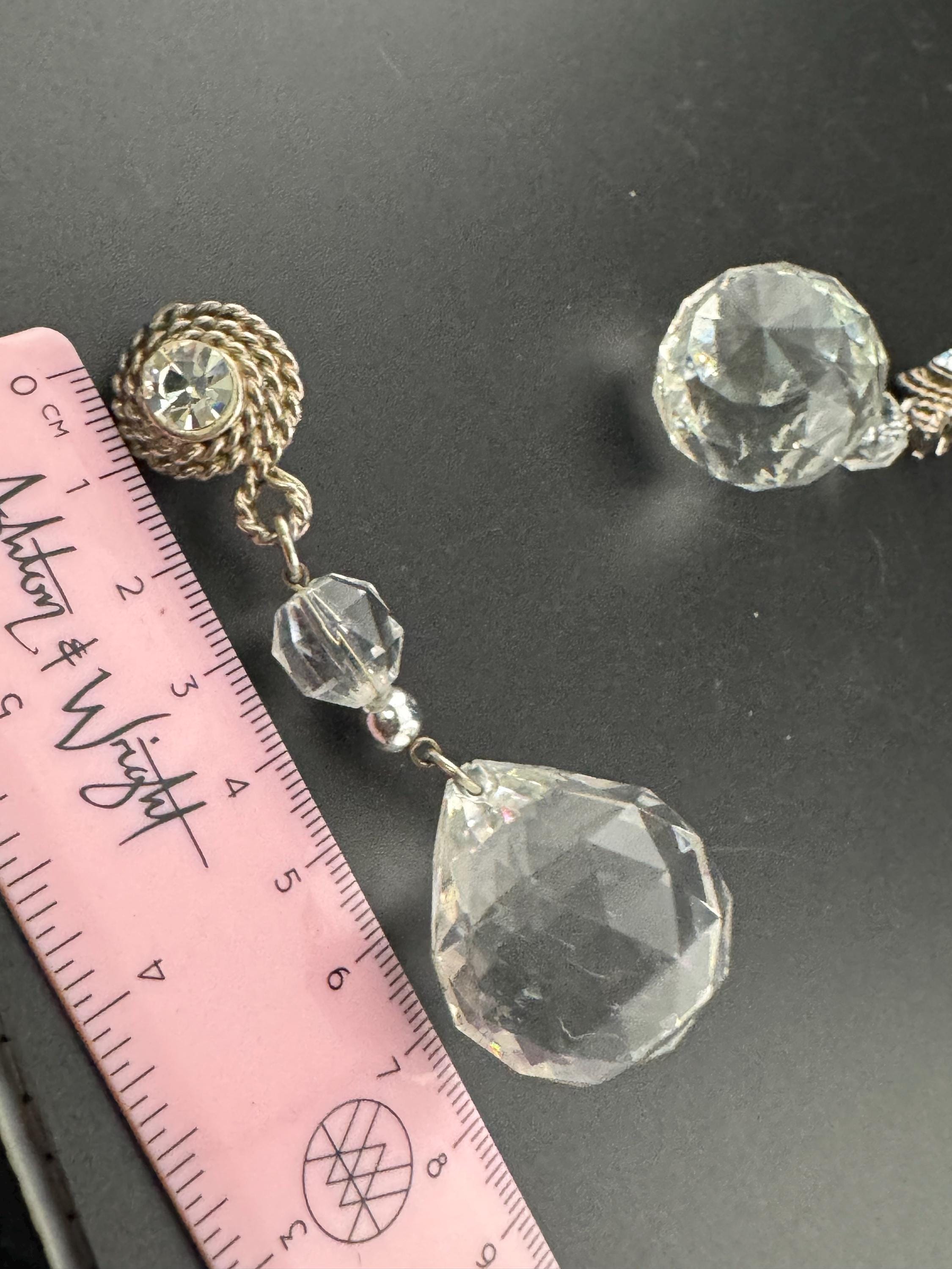 vintage oversized 8cm Silver tone clear plastic crystal long clip on dangly drop earrings