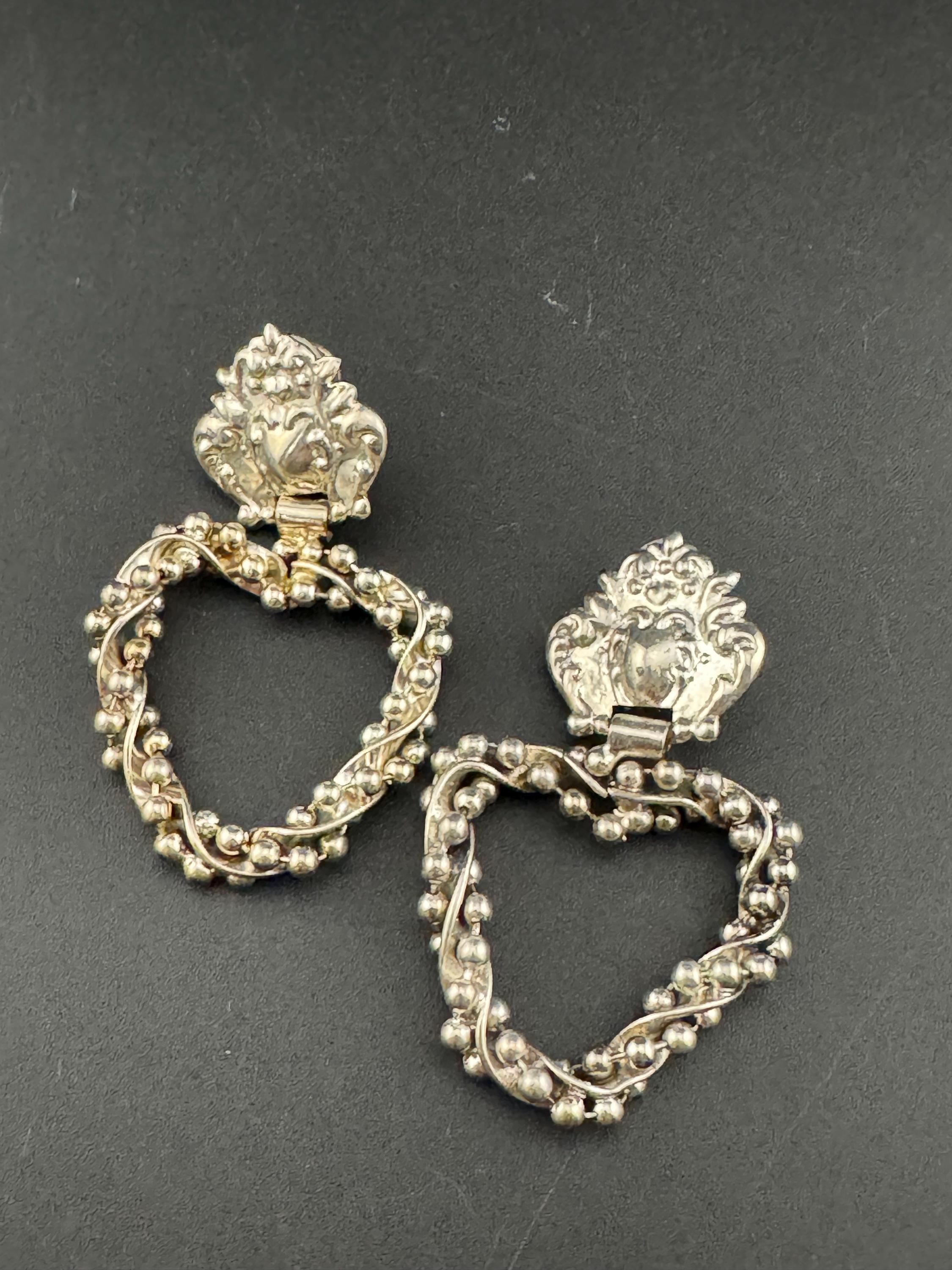 vintage oversized Silver metal brutalist beaded door knocker clip on earrings