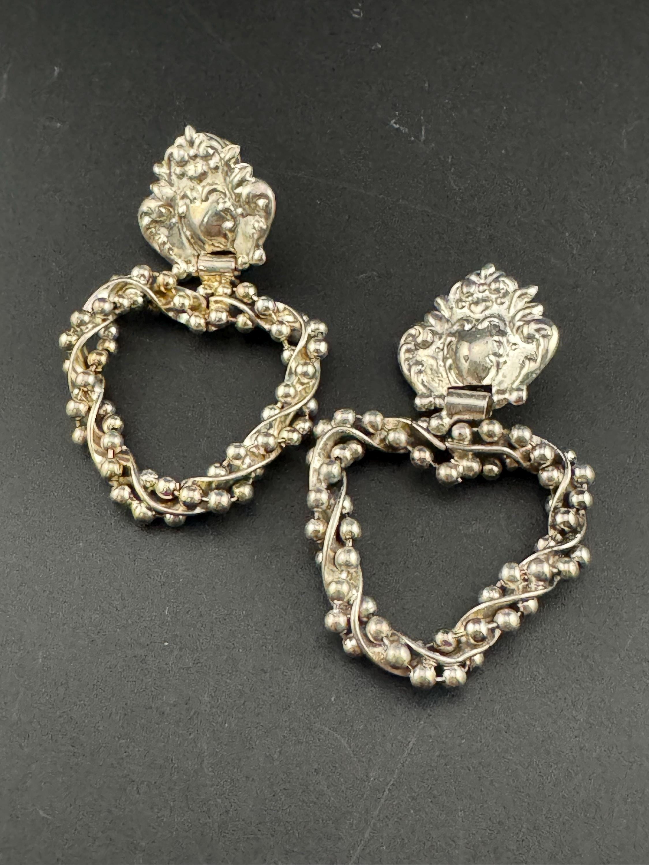 vintage oversized Silver metal brutalist beaded door knocker clip on earrings