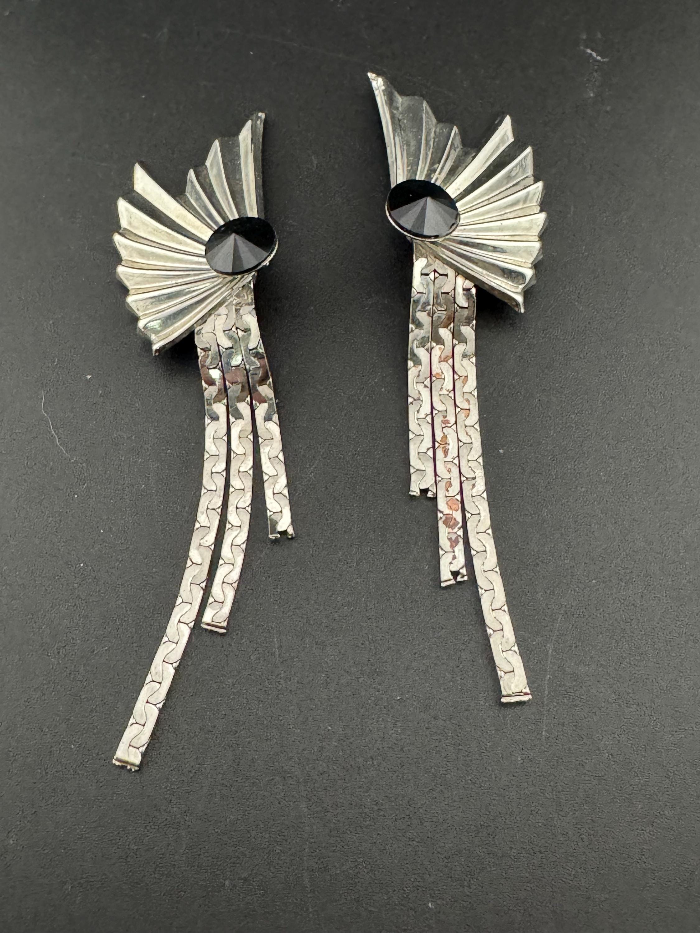 10cm extra long Chinese Fan Shaped chain link black crystal Dangle Drop Earrings Silver tone metal