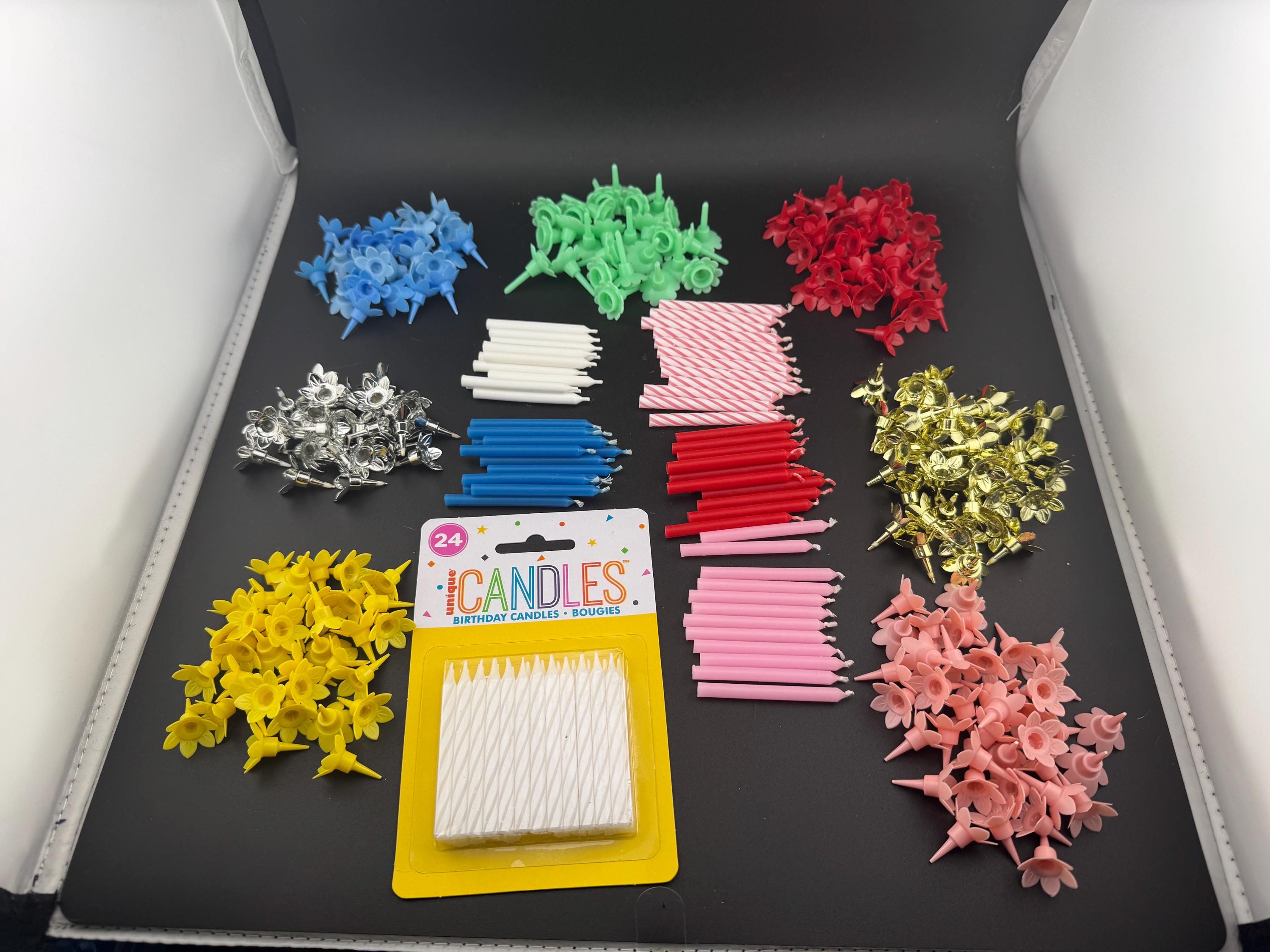 small party birthday cake candles and candle holders just select your choice of colours gold silver pink blue green red yellow white