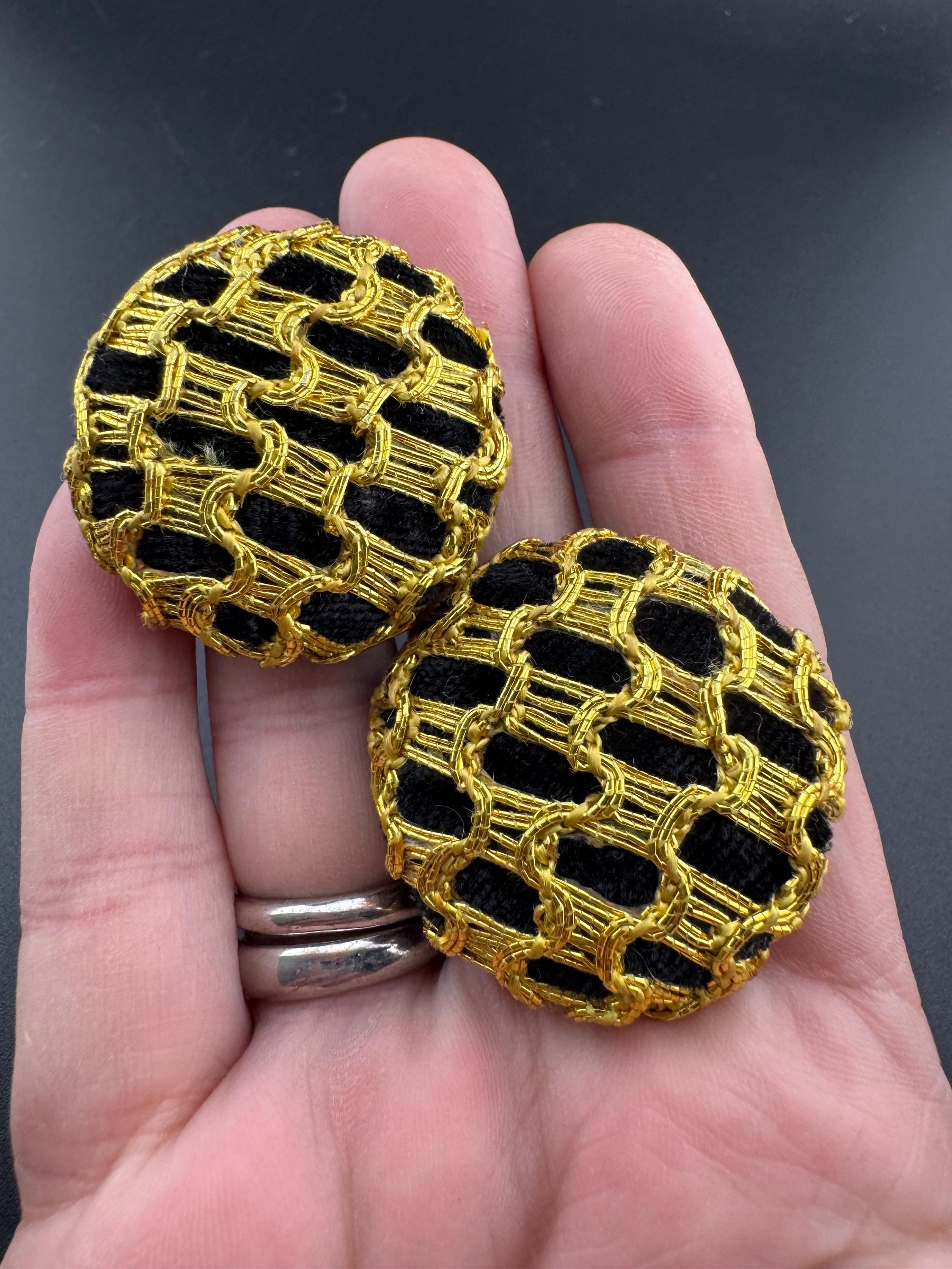 Oversized black velvet low domed disc pierced earrings with gold tone braiding, big studs
