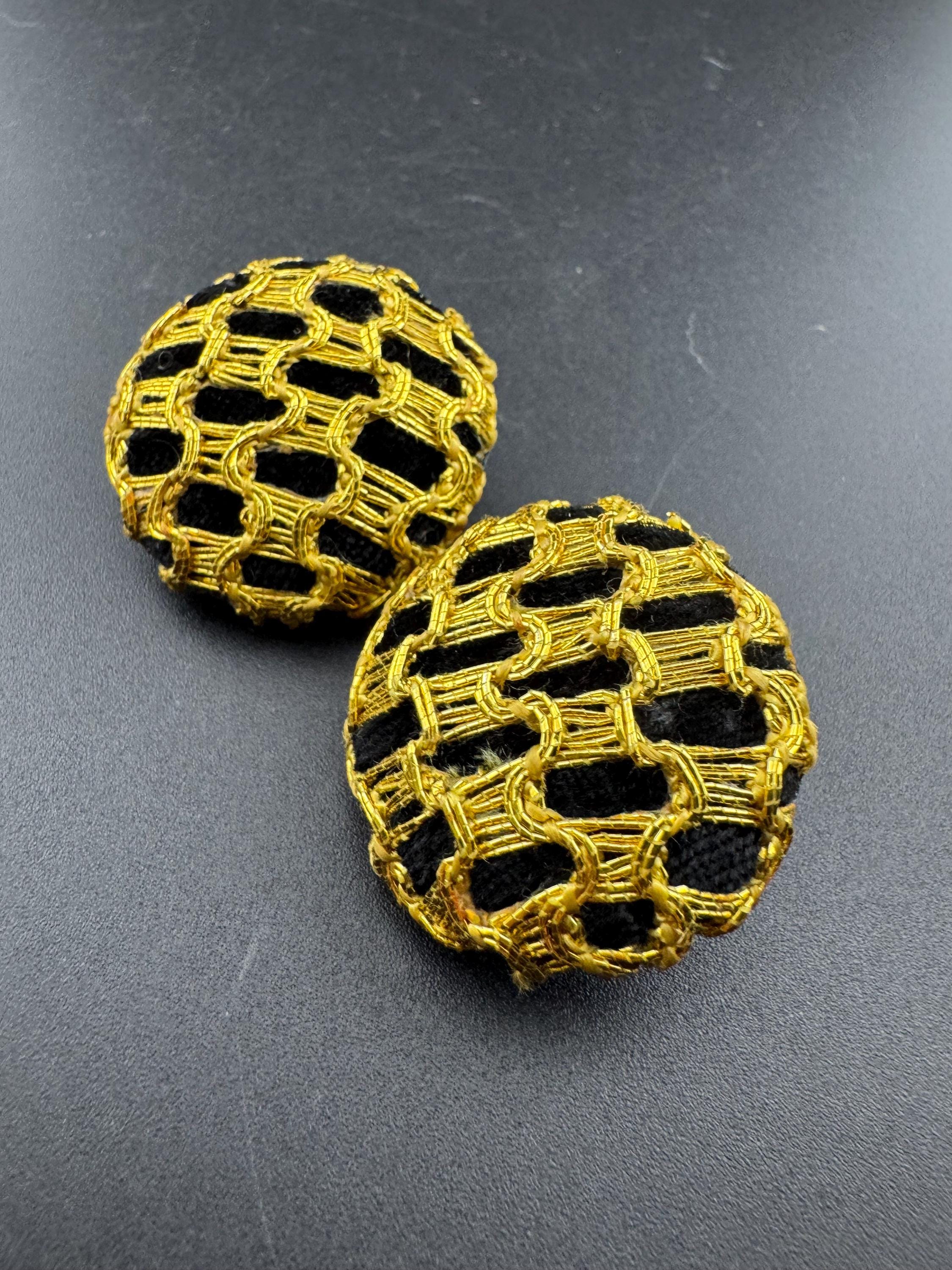 Oversized black velvet low domed disc pierced earrings with gold tone braiding, big studs