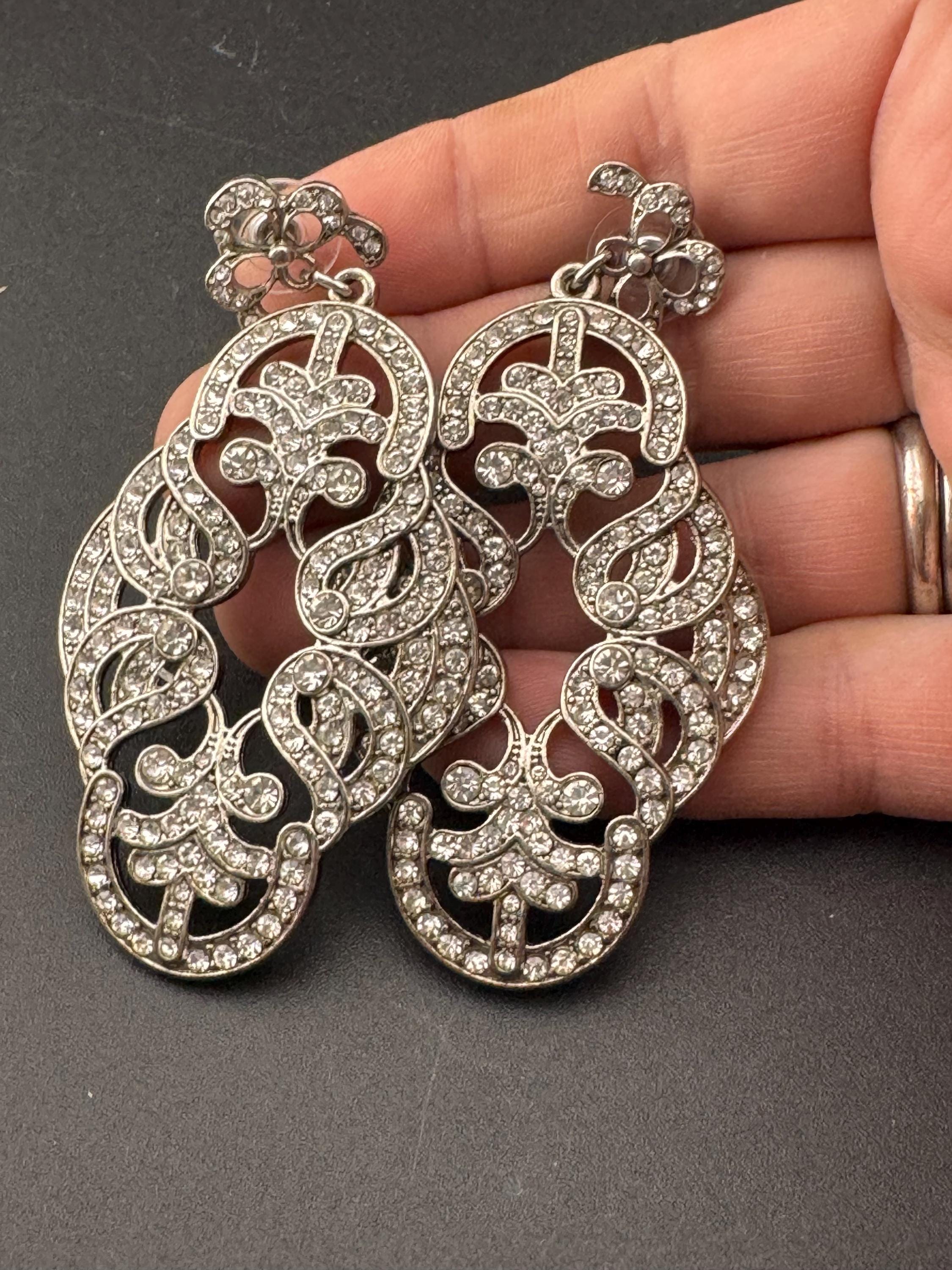 Retro oversized classic silver tone long diamanté crystal teardrop drop earrings for pierced ears 8cm