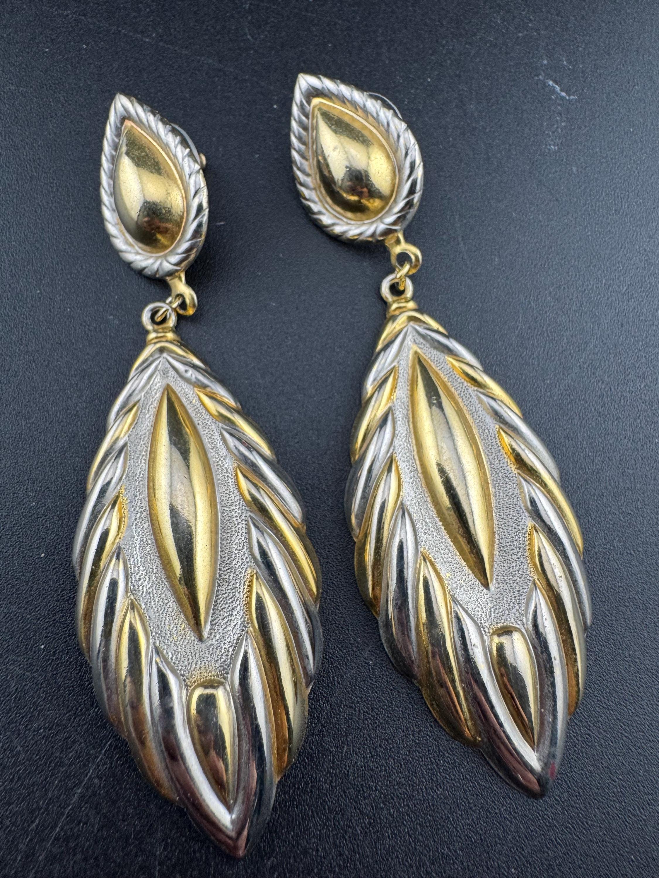 Retro 80s style gold and silver tone tone door knocker drop stud earrings pierced