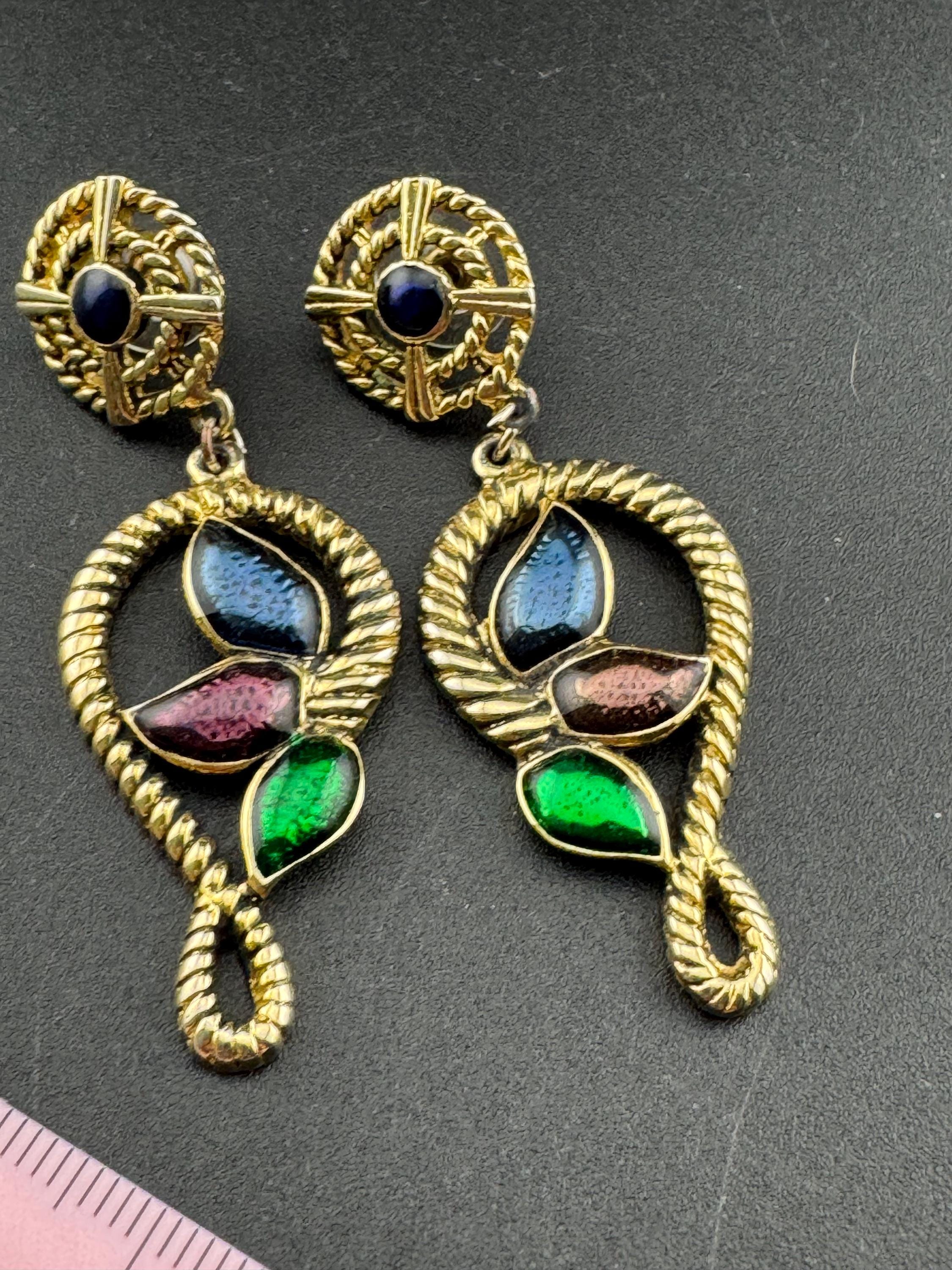 Retro 1980s Gold tone brown green blue enamel dangly drop earrings