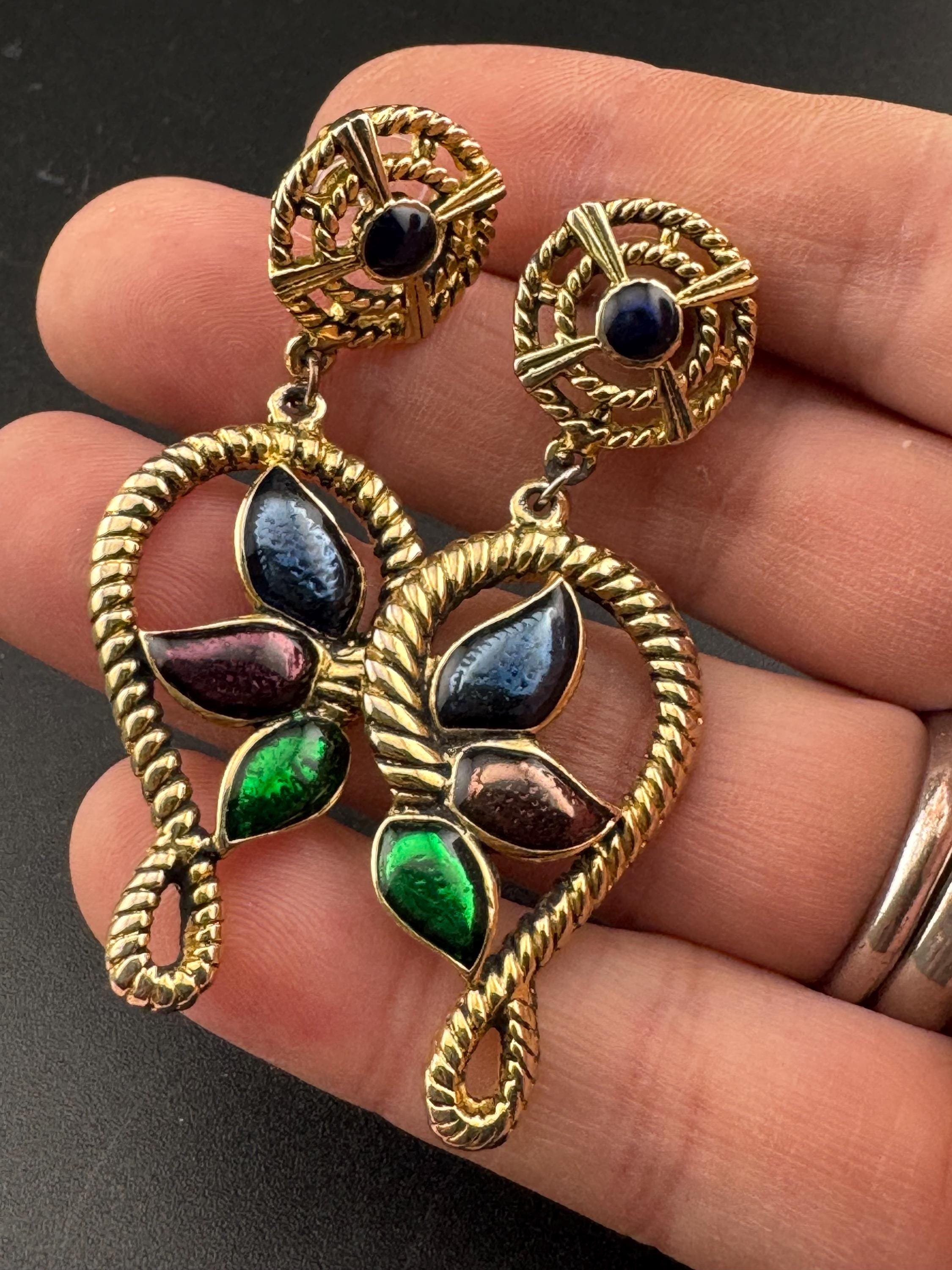 Retro 1980s Gold tone brown green blue enamel dangly drop earrings
