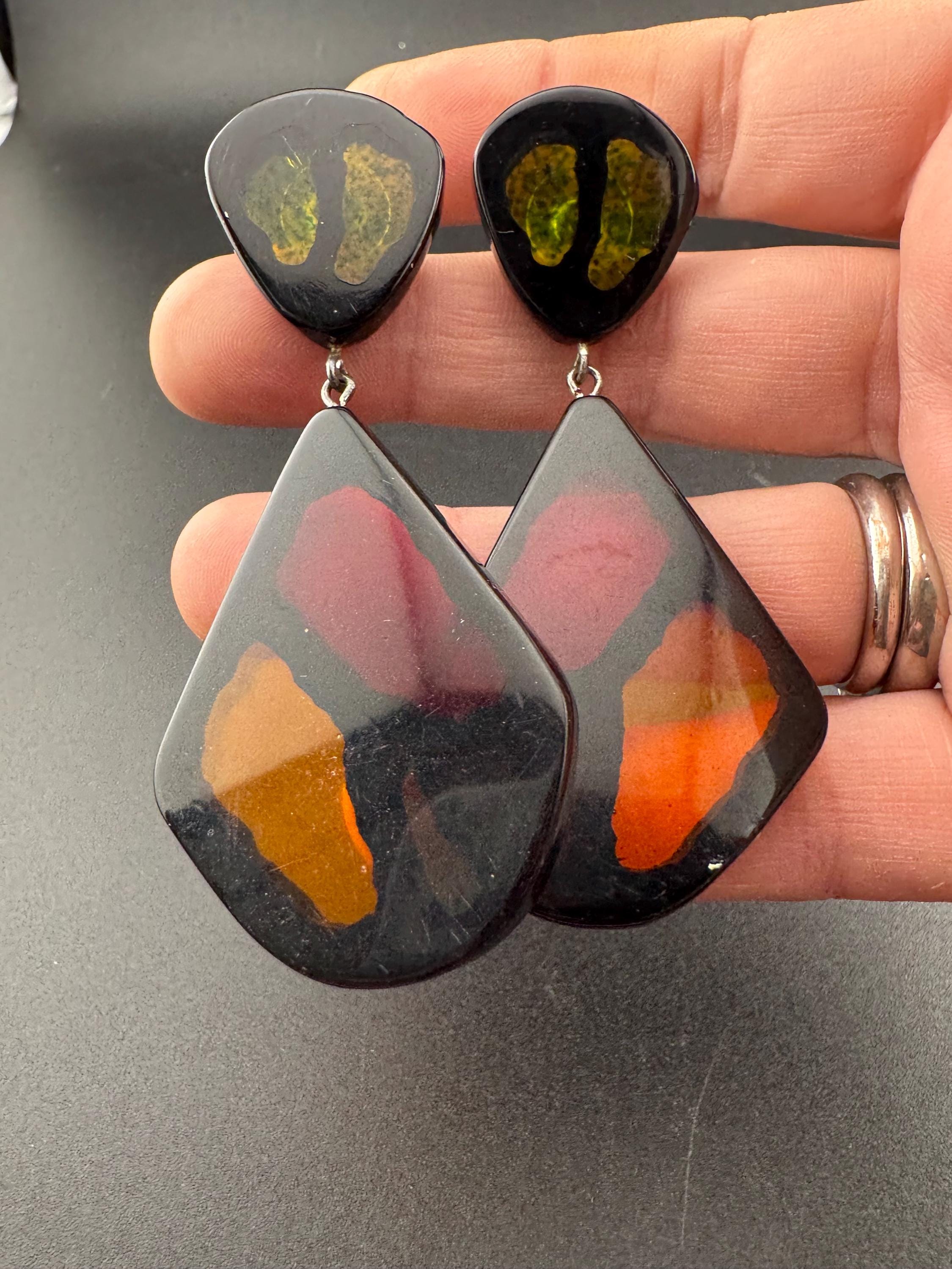 Retro 1980s Plastic oversized  stained glass effect drop dropper earrings pierced 80s fashion, black orange red and green