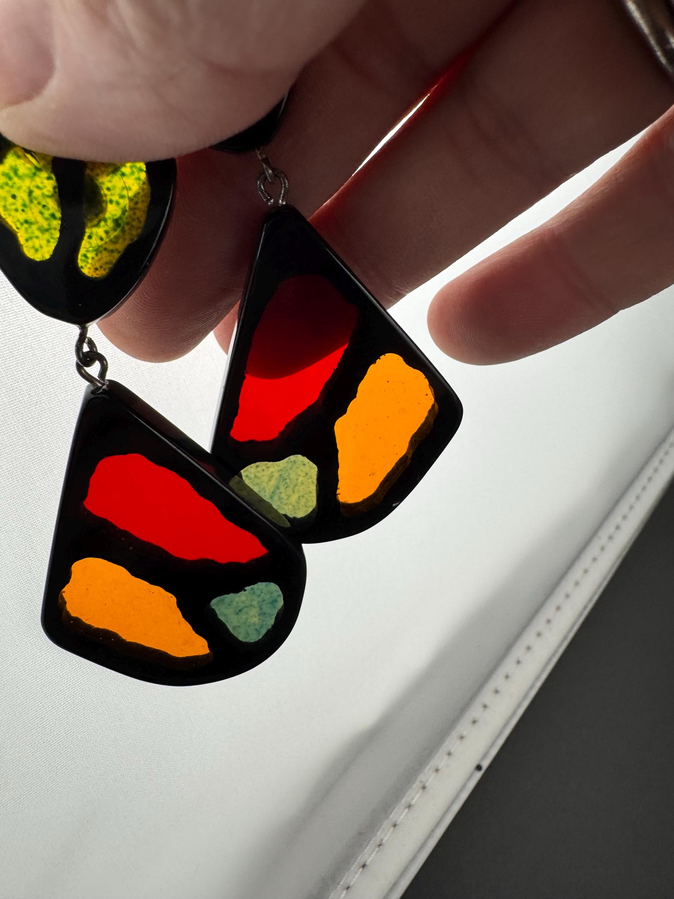 Retro 1980s Plastic oversized  stained glass effect drop dropper earrings pierced 80s fashion, black orange red and green