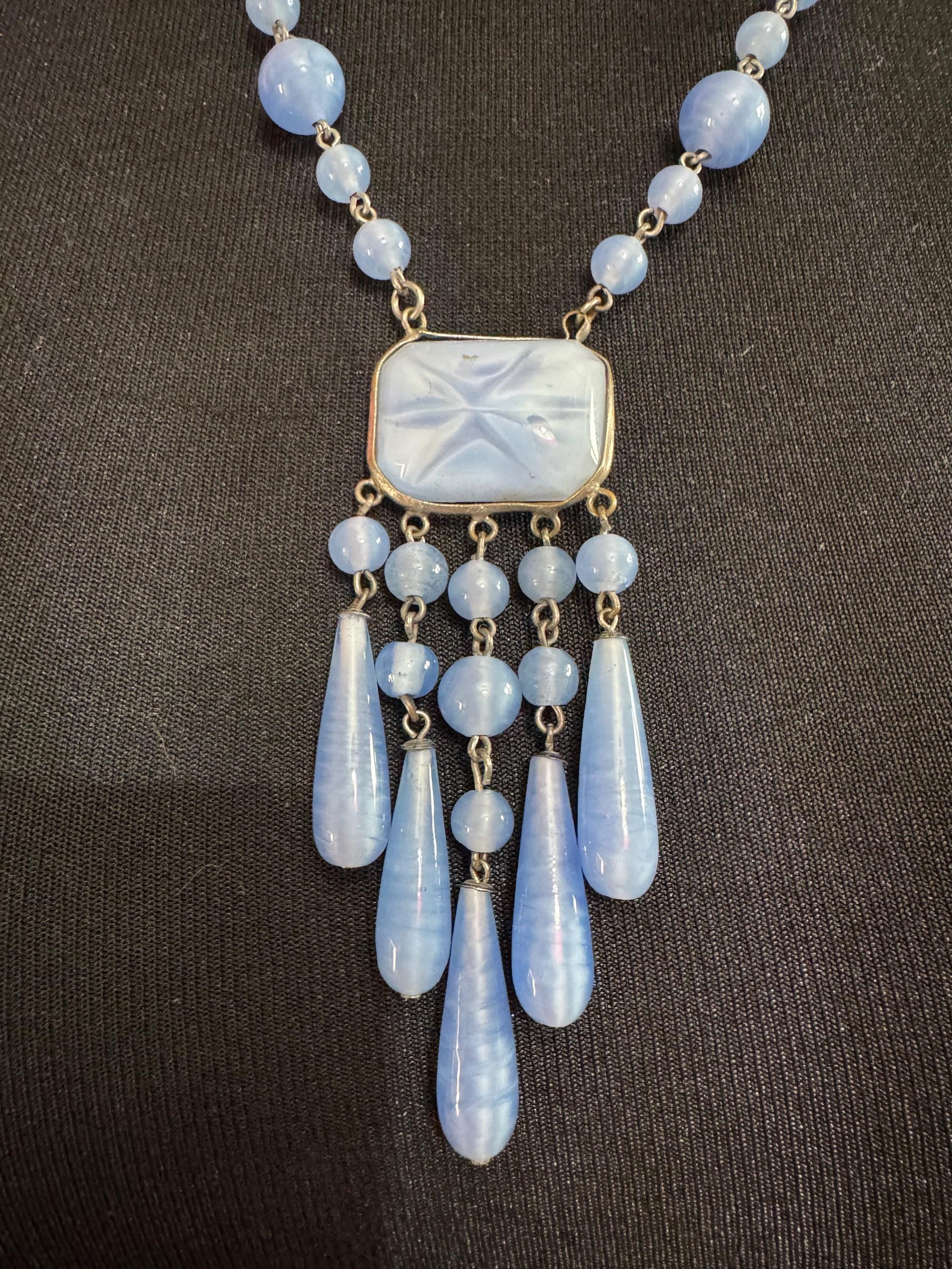 antique Czech glass powder blue satin glass lariat drop beaded necklace