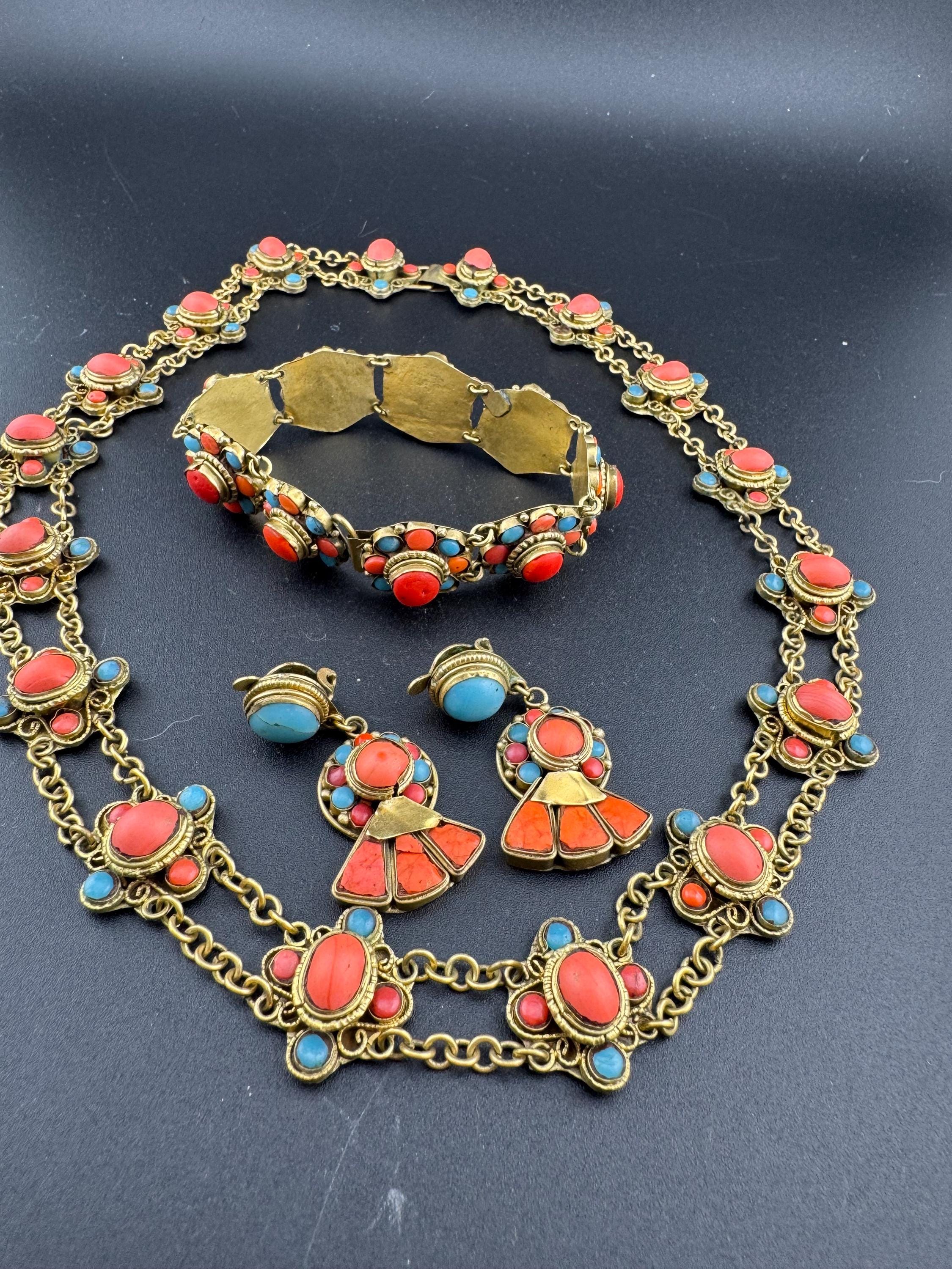 Vintage Egyptian Revival Brass Jewelry Set: Coral & Turquoise Necklace, Bracelet, Earrings