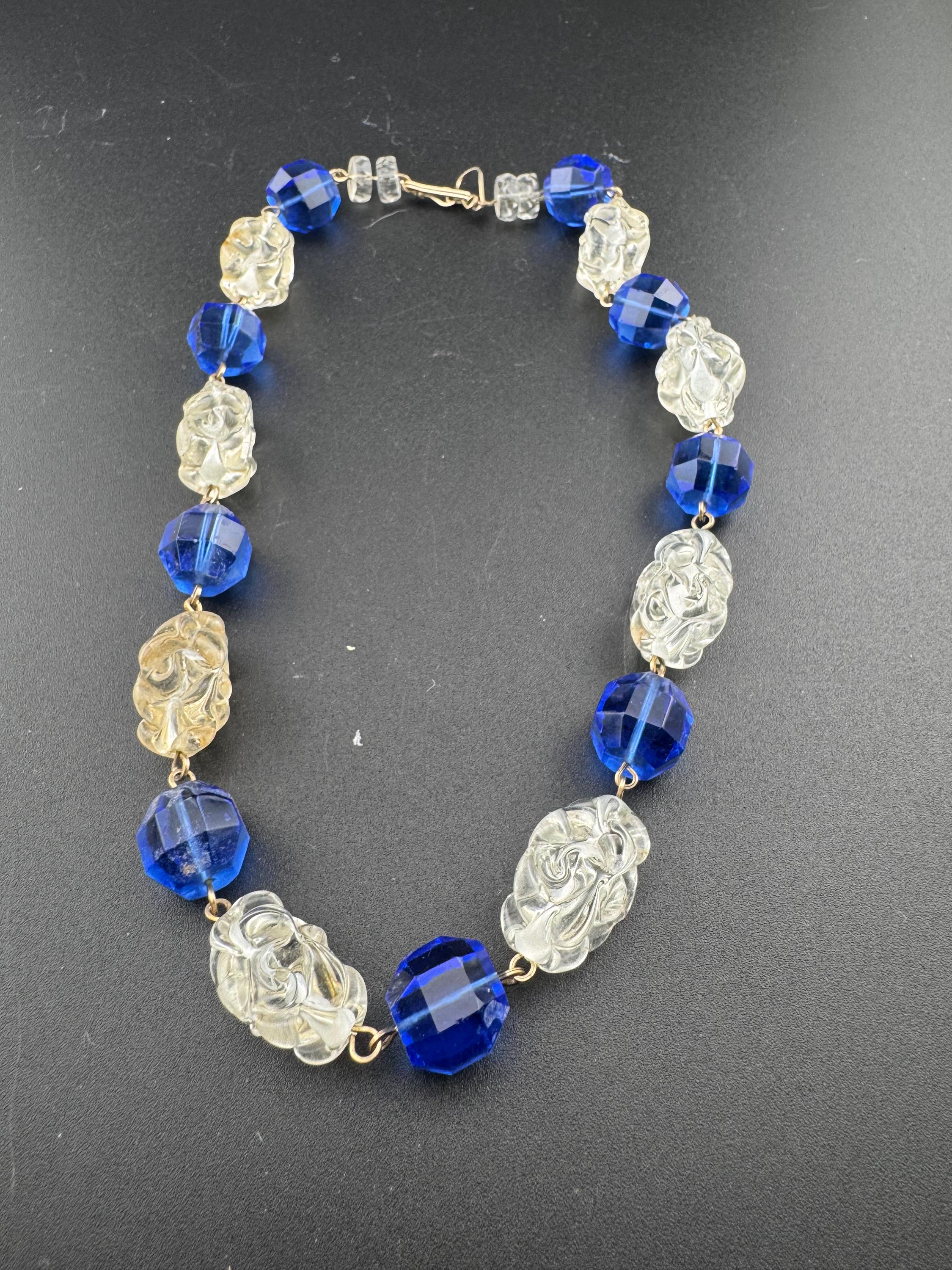 42cm chunky clear and bright blue moulded Czech glass beaded necklace Vintage Art Deco