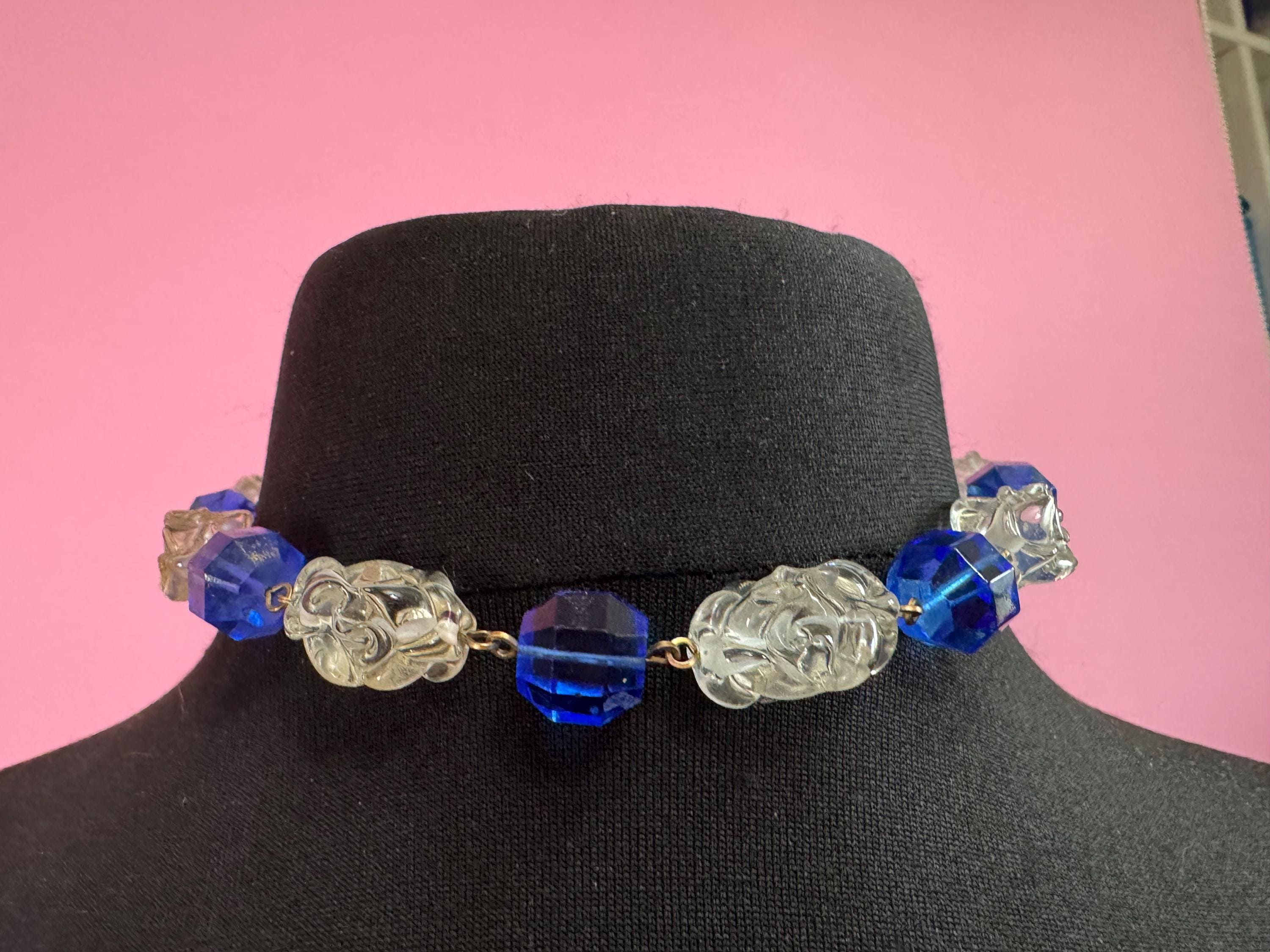 42cm chunky clear and bright blue moulded Czech glass beaded necklace Vintage Art Deco