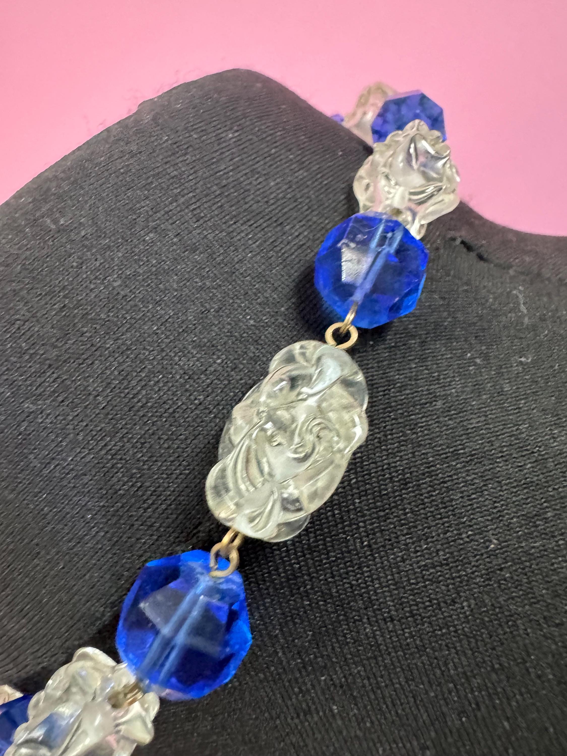 42cm chunky clear and bright blue moulded Czech glass beaded necklace Vintage Art Deco