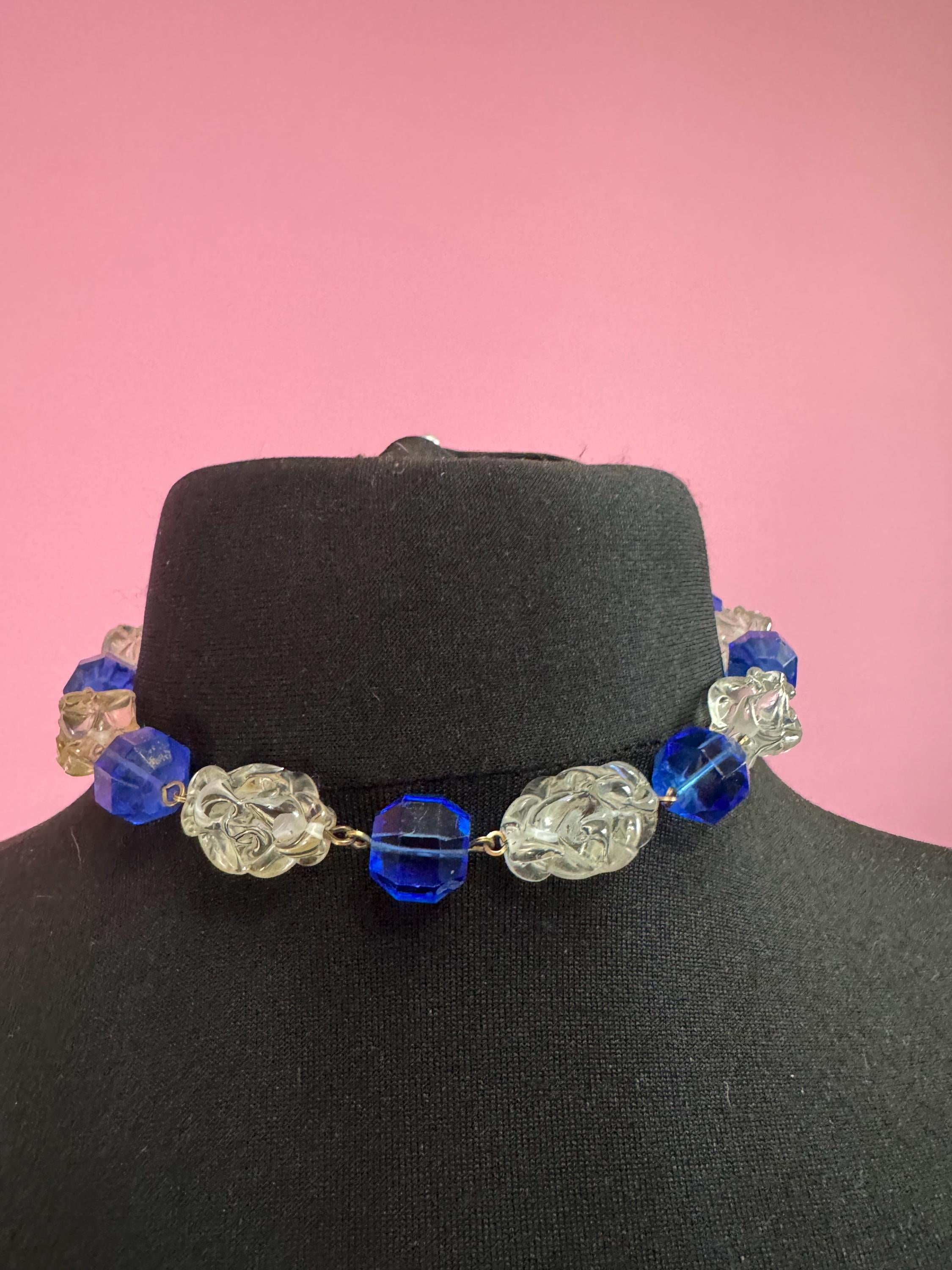 42cm chunky clear and bright blue moulded Czech glass beaded necklace Vintage Art Deco