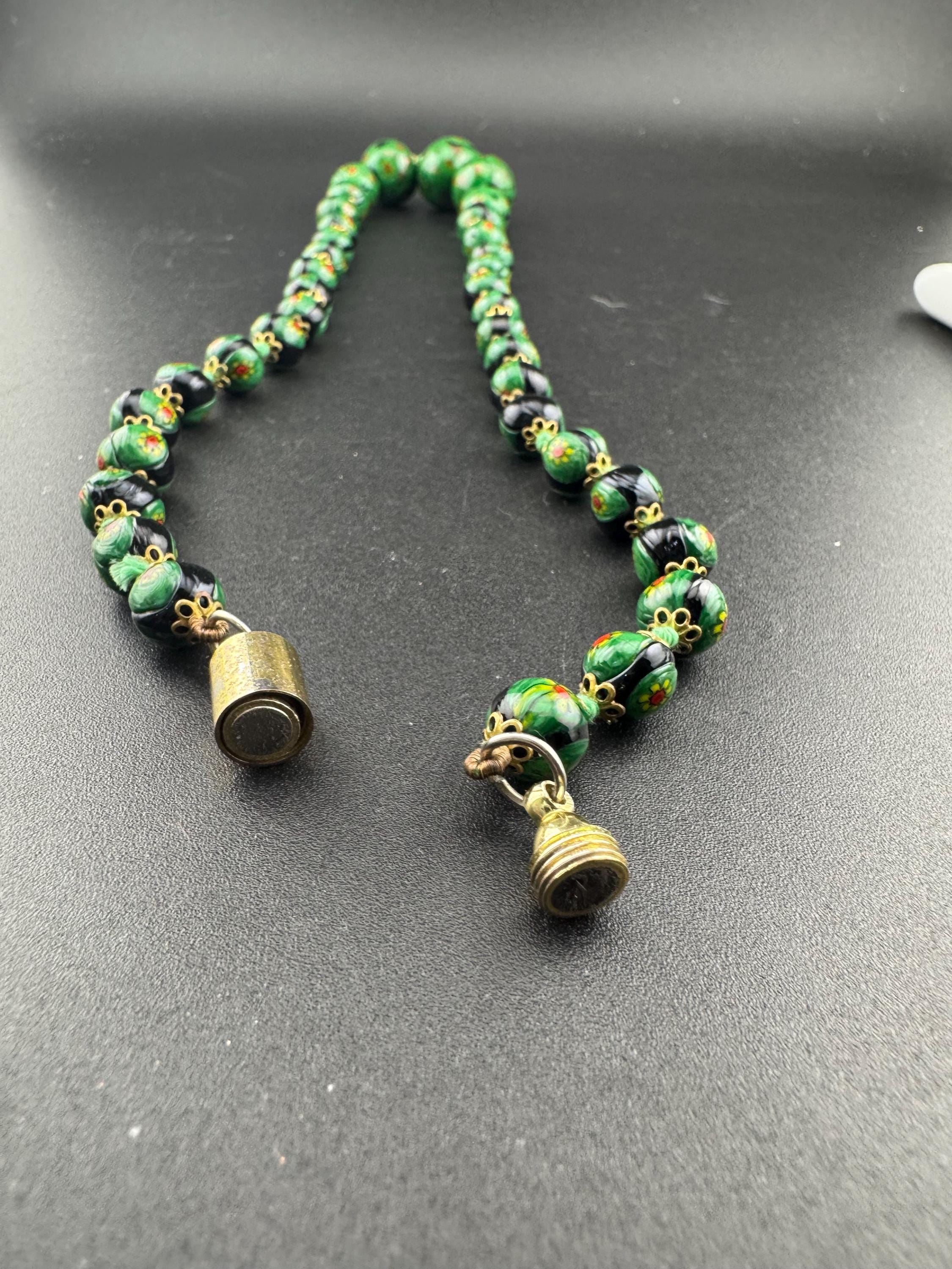 1970s dark green painted art glass or ceramic beaded long necklace with unusual magnetic clasp