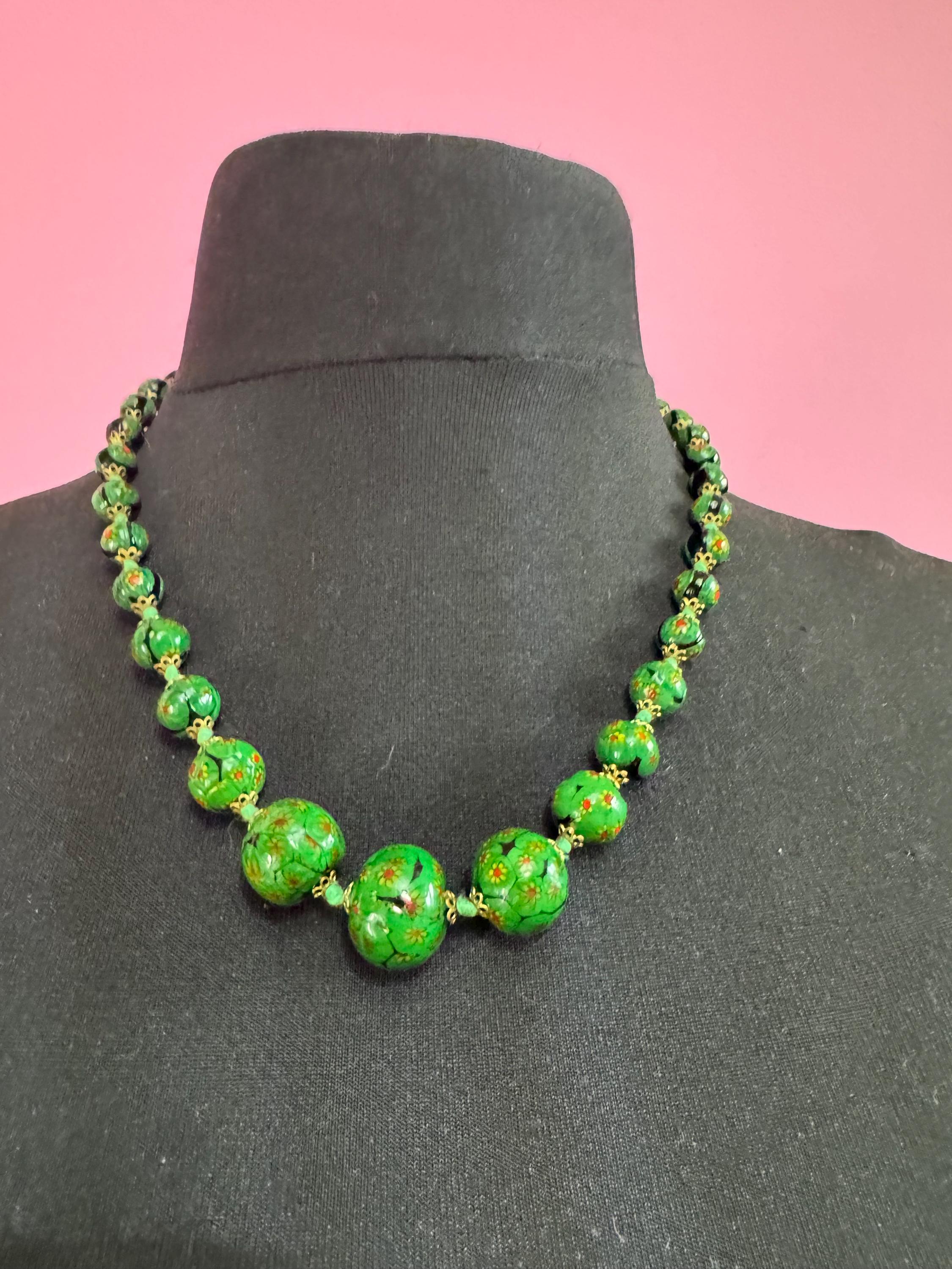 1970s dark green painted art glass or ceramic beaded long necklace with unusual magnetic clasp
