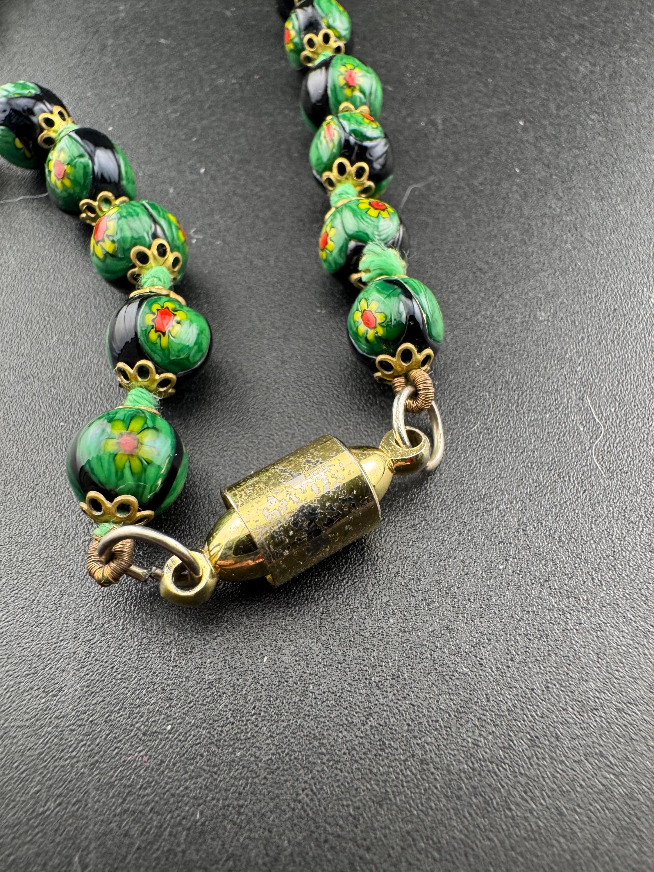 1970s dark green painted art glass or ceramic beaded long necklace with unusual magnetic clasp