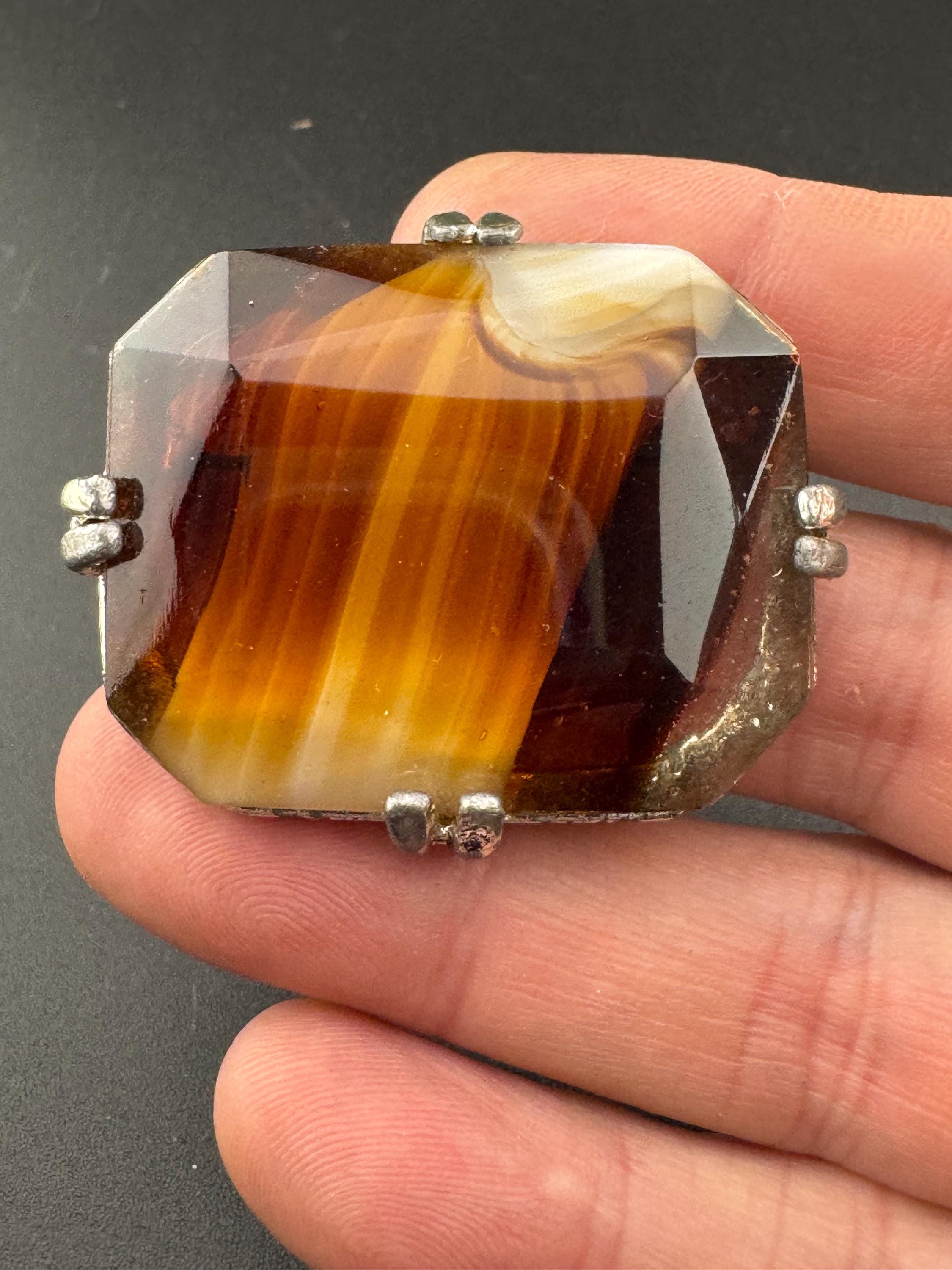 Gold tone rectangular brooch large brown faux marble agate glass vintage 4cm