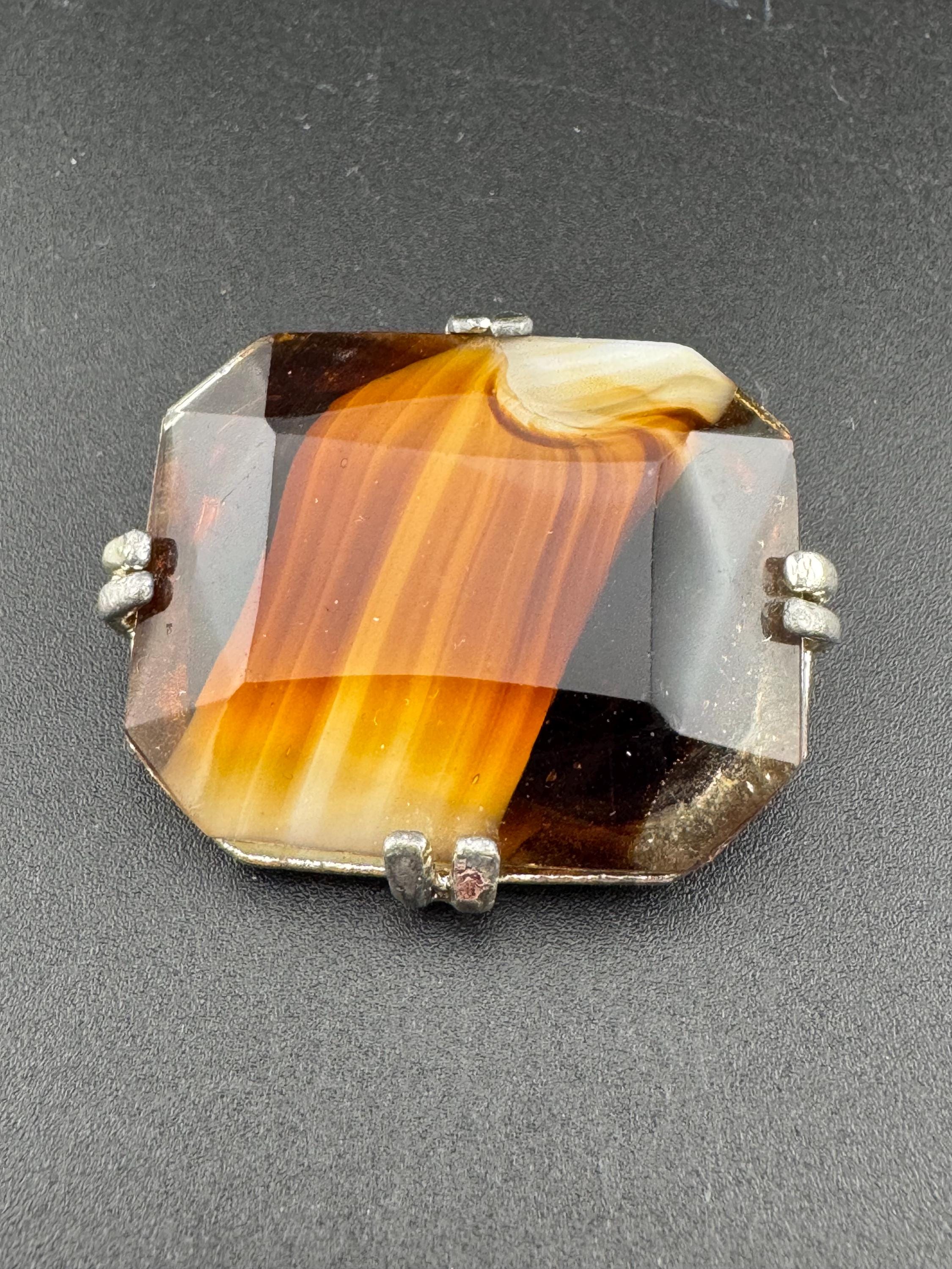 Gold tone rectangular brooch large brown faux marble agate glass vintage 4cm