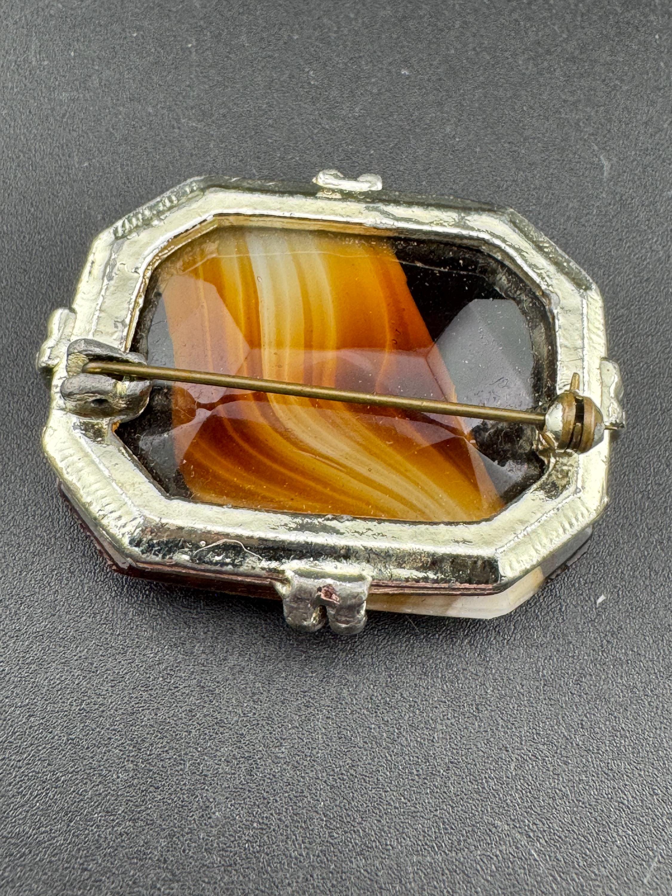 Gold tone rectangular brooch large brown faux marble agate glass vintage 4cm