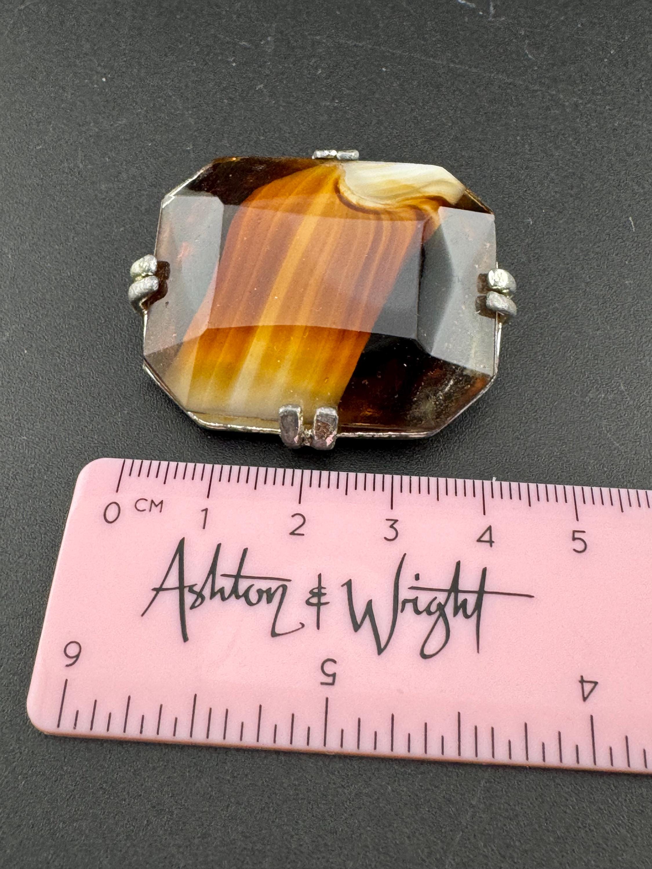 Gold tone rectangular brooch large brown faux marble agate glass vintage 4cm