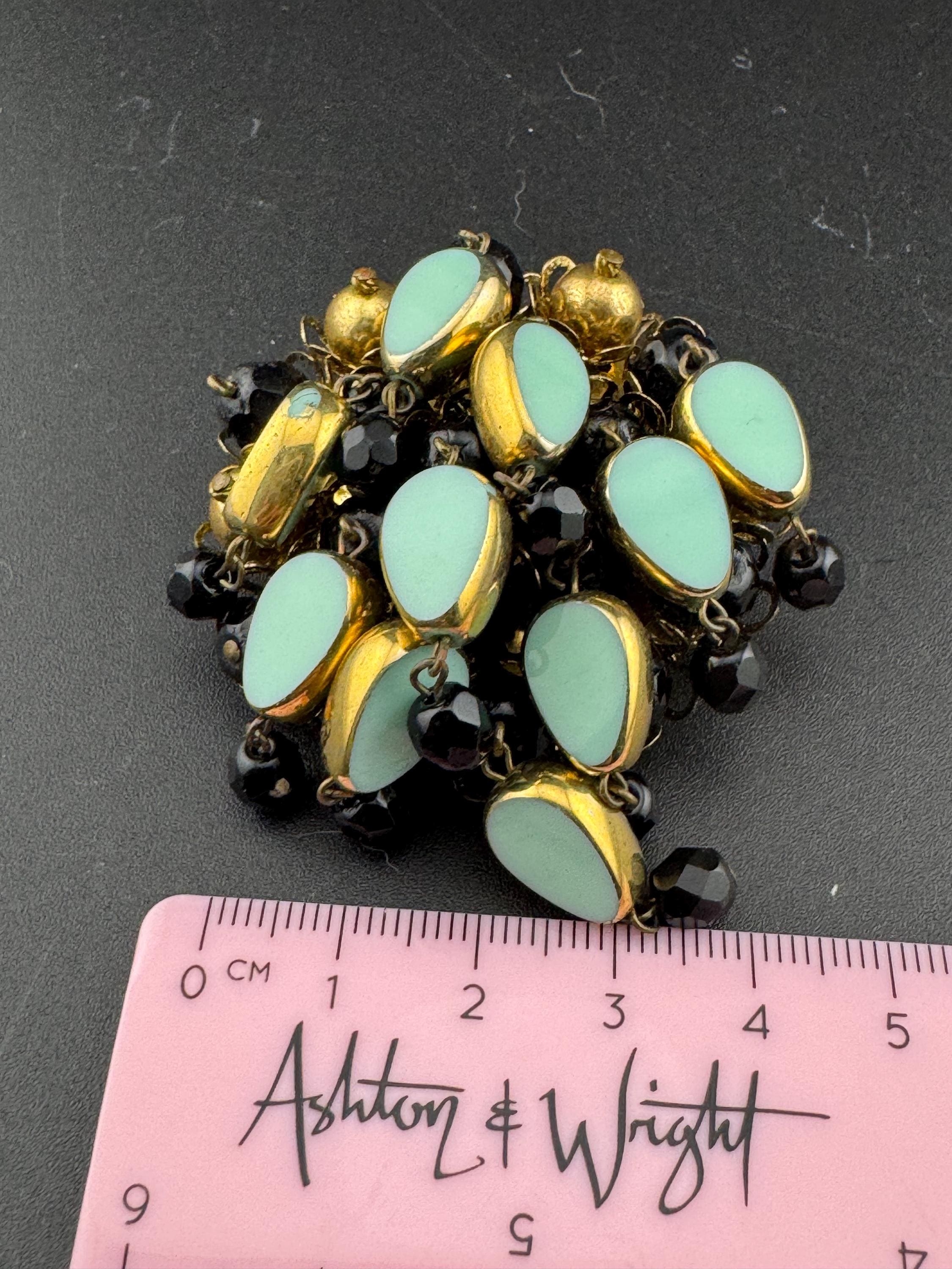 XL Vintage Gold Tone turquoise blue and  black glass ceramic beads beaded waterfall cascade Brooch Large ideal for coat