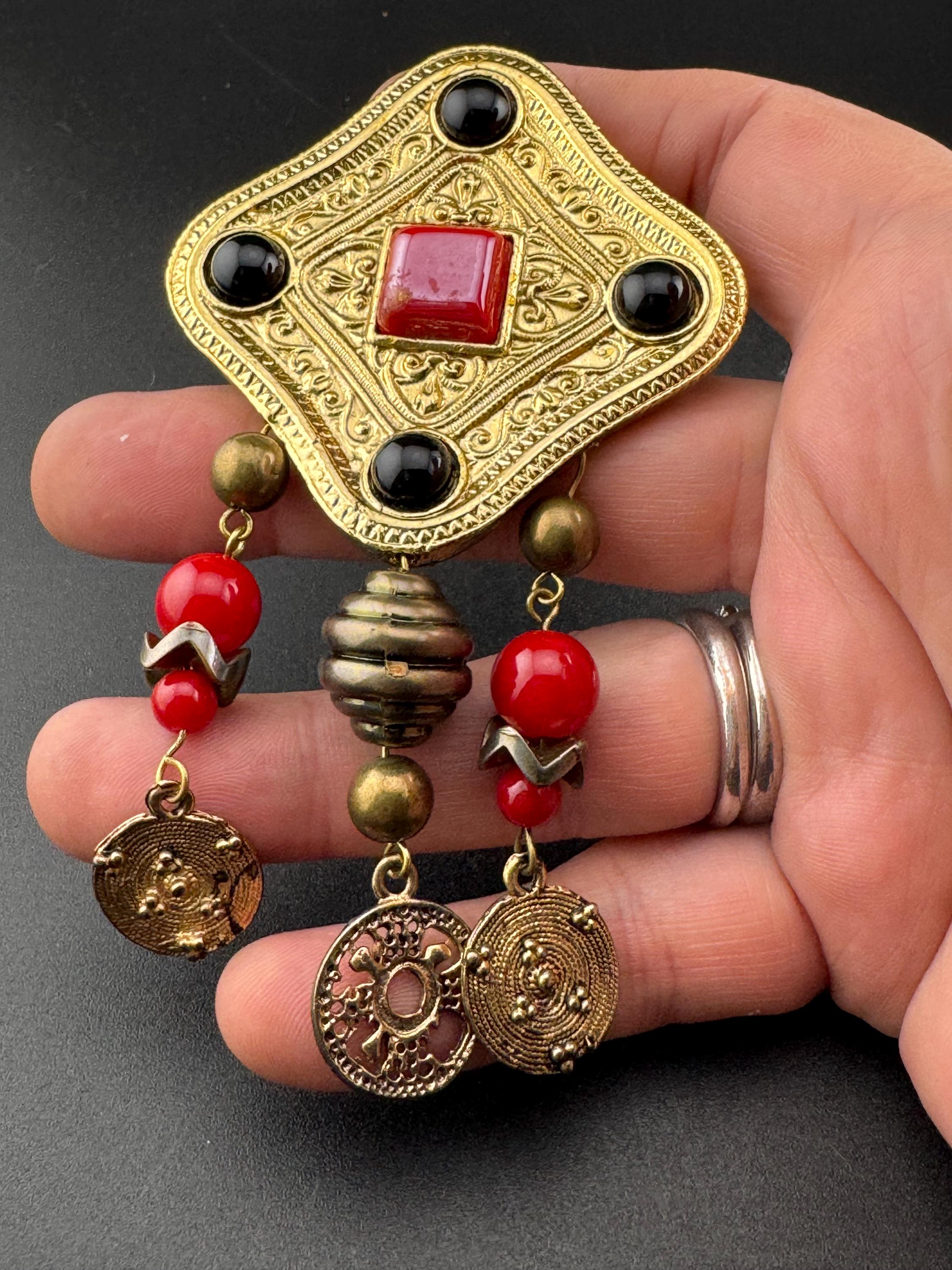 vintage oversized Etruscan medieval style dangle brooch with red black cabochons and coin charms
