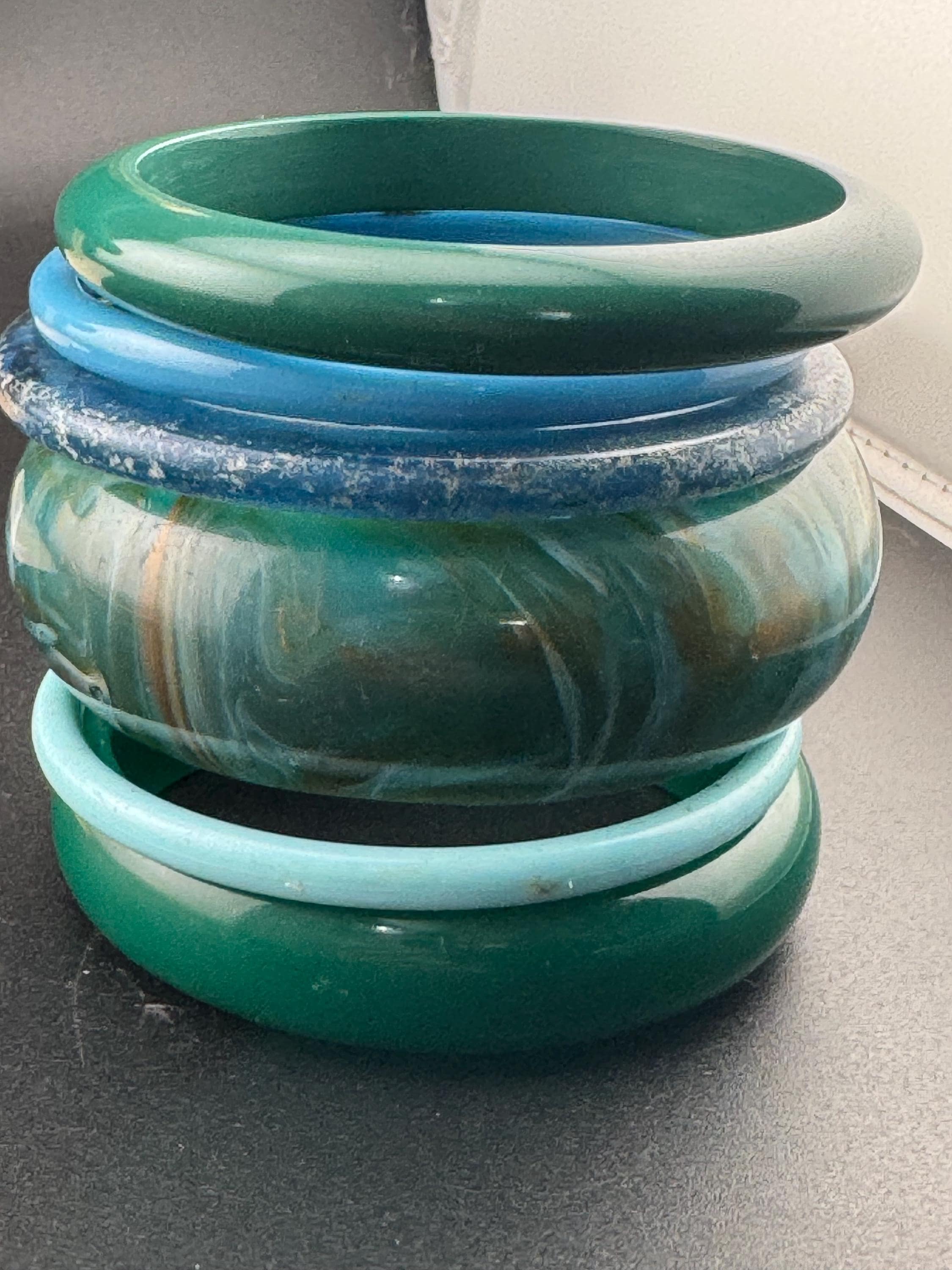Vintage stack of sea green blue tones chunky stylish plastic bangles retro acrylic bracelets