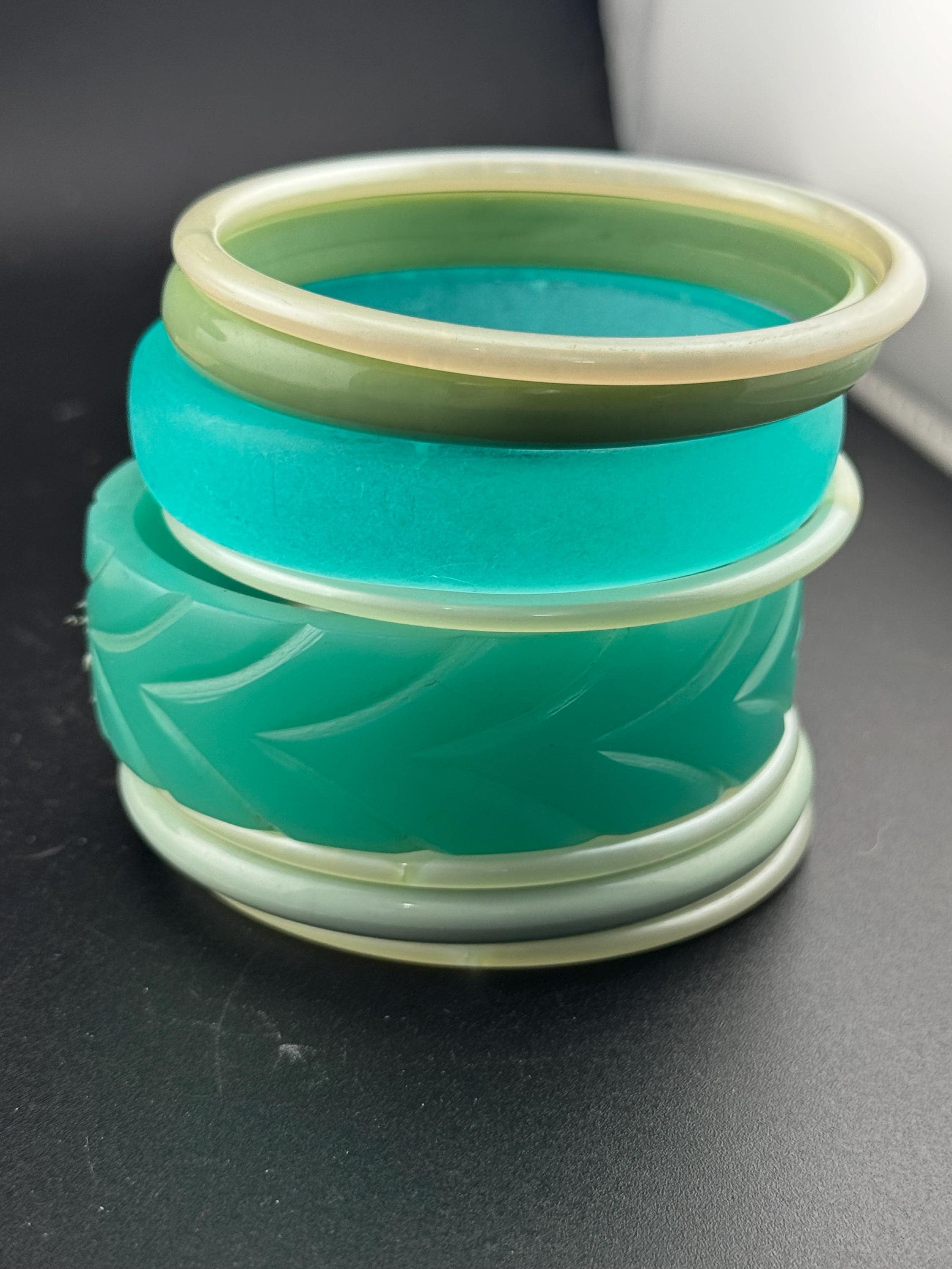 Vintage stack of light blue turquoise sage green tones chunky stylish plastic bangles retro acrylic bracelets