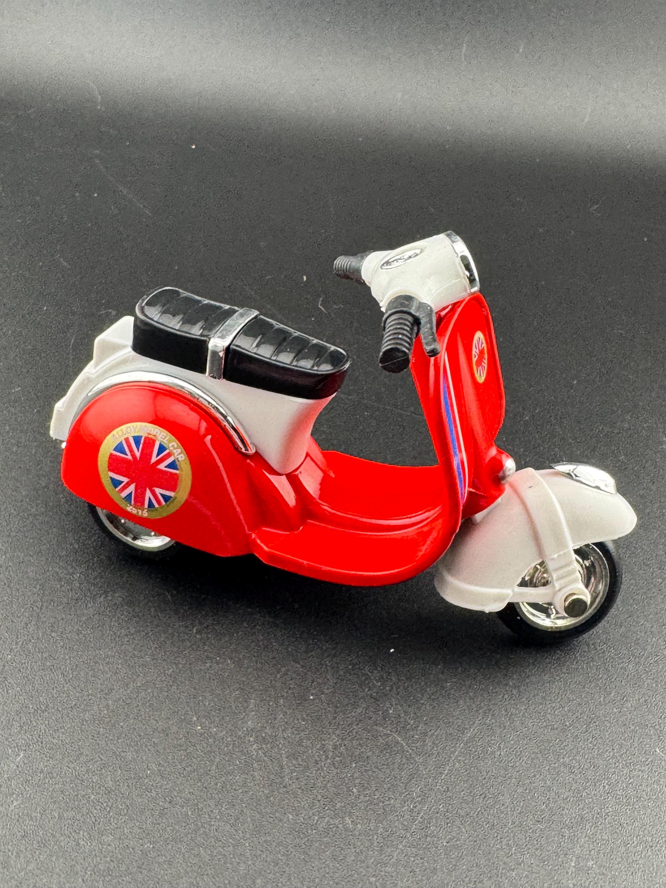 Novelty bright RED scooter motorbike toy birthday cake topper decoration, Union Jack design UK