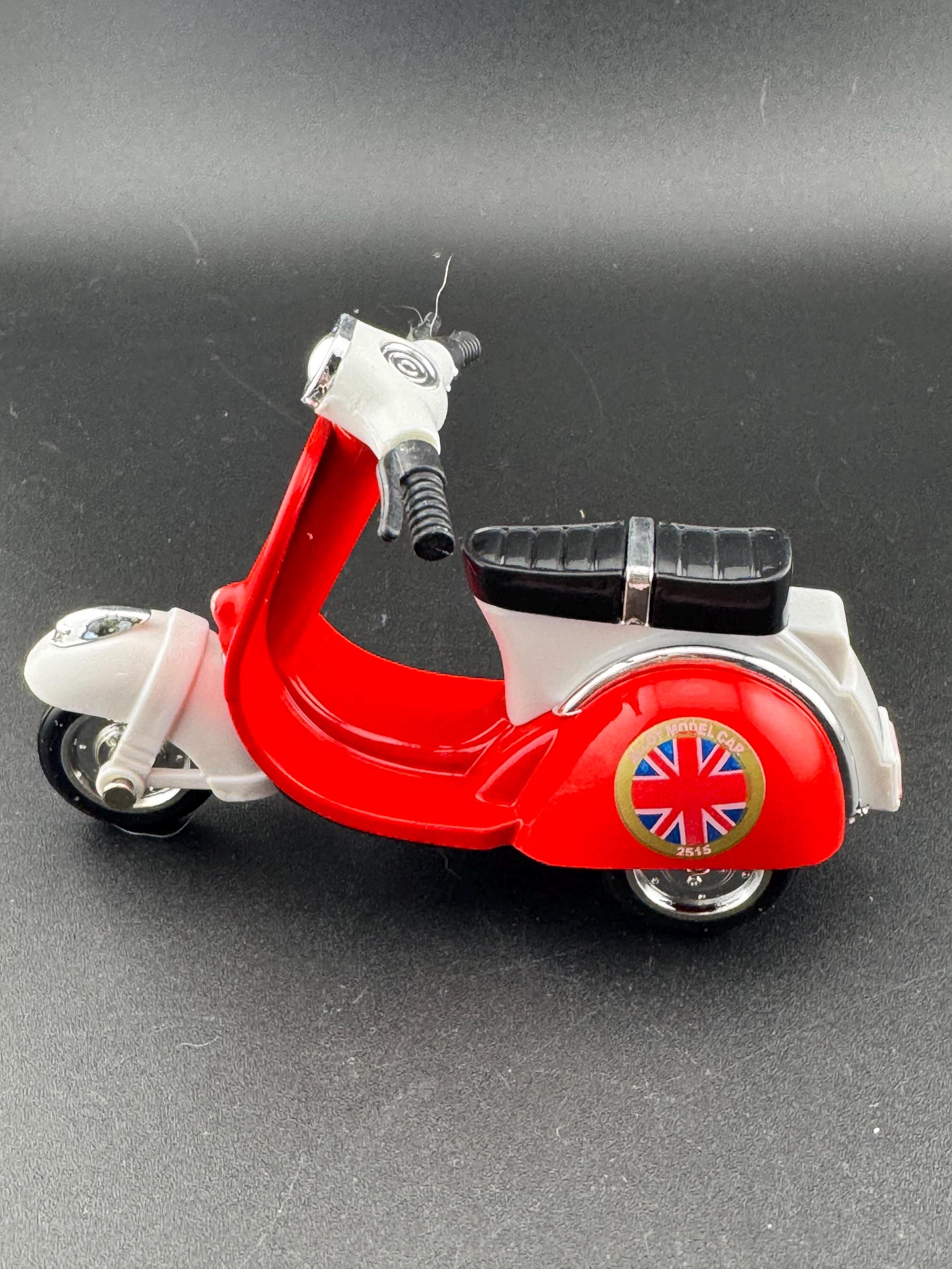 Novelty bright RED scooter motorbike toy birthday cake topper decoration, Union Jack design UK