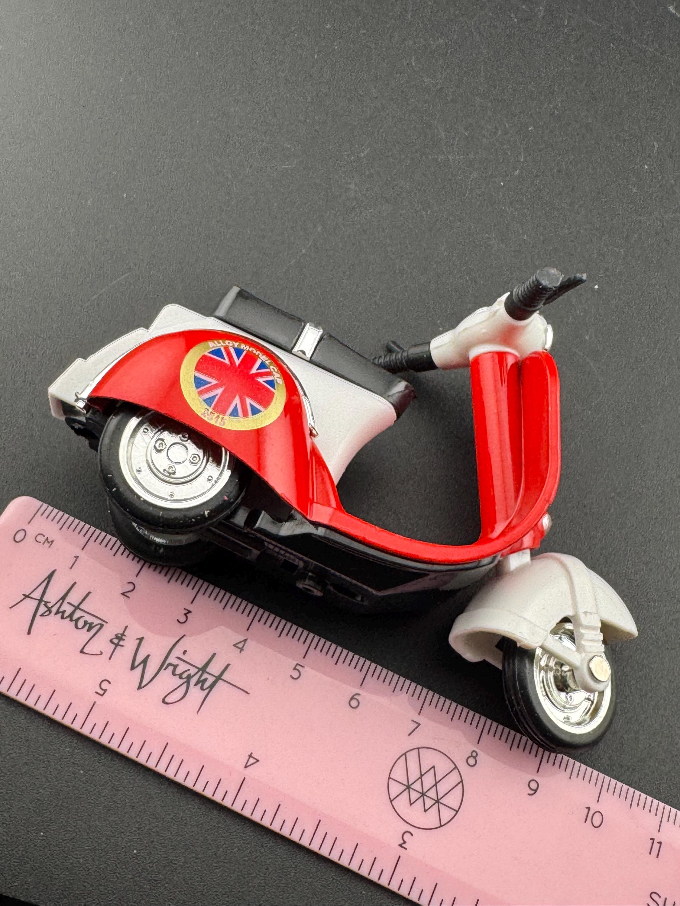 Novelty bright RED scooter motorbike toy birthday cake topper decoration, Union Jack design UK