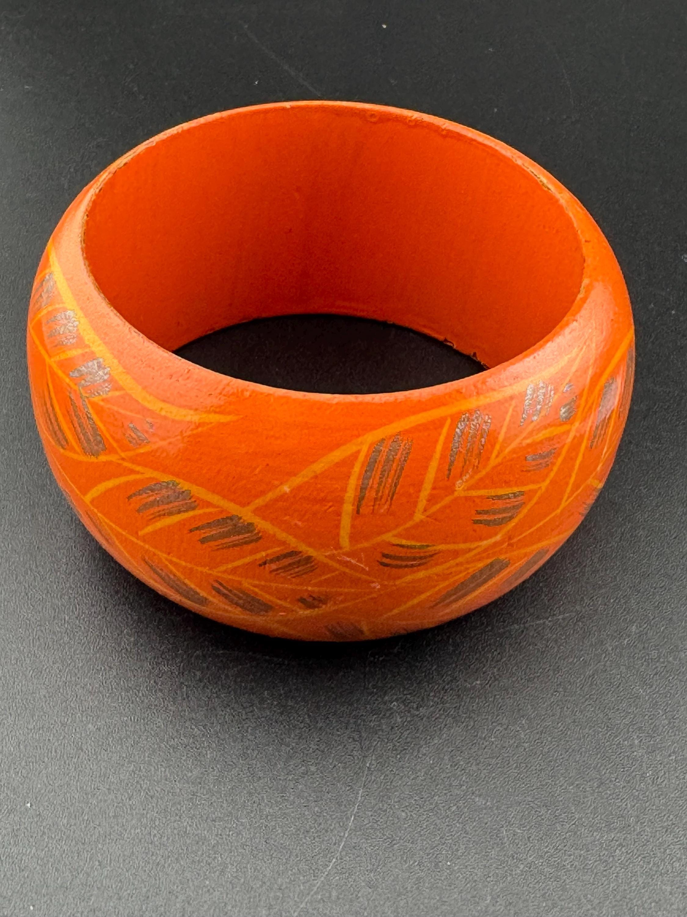 Retro orange silver painted wooden wide bangle bracelet stacking layering Vintage boho festival